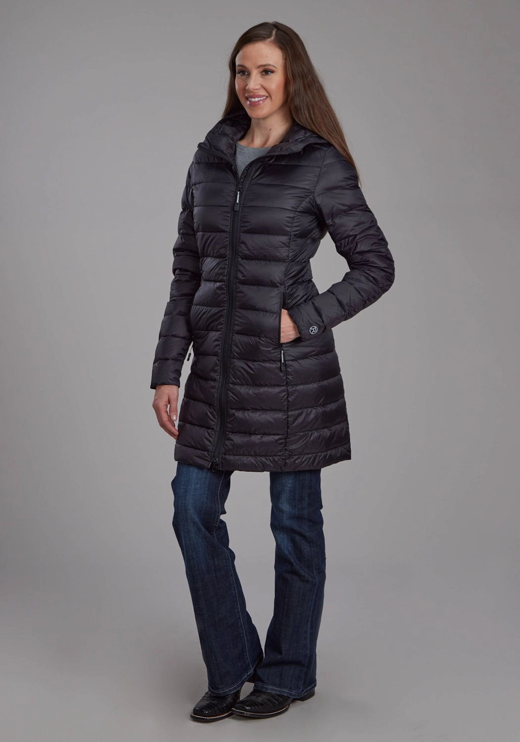 Roper Womens Long Down Filled Black 100% Nylon Insulated Jacket Cold Ready Look Taped Neckline