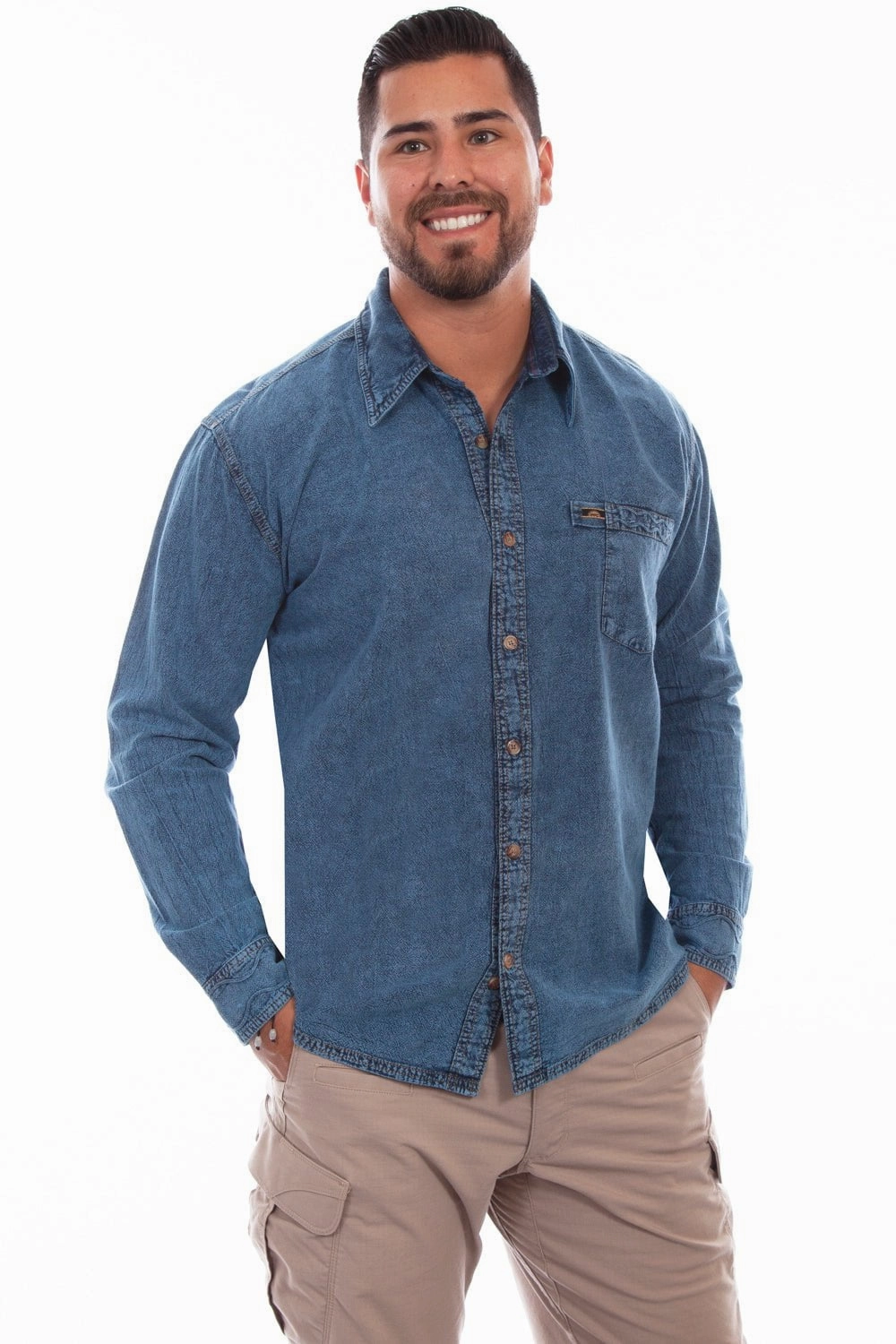 Scully Mens Lt Washed Denim 100% Cotton Trail Walk L/S Shirt Soft Material