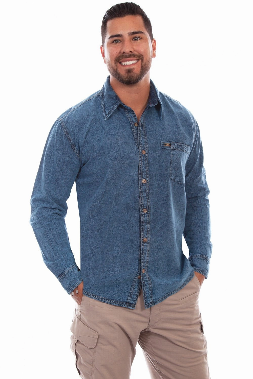 Temperature Regulating Edgy Fashion Scully Mens Lt Washed Denim 100% Cotton Trail Walk L/S Shirt