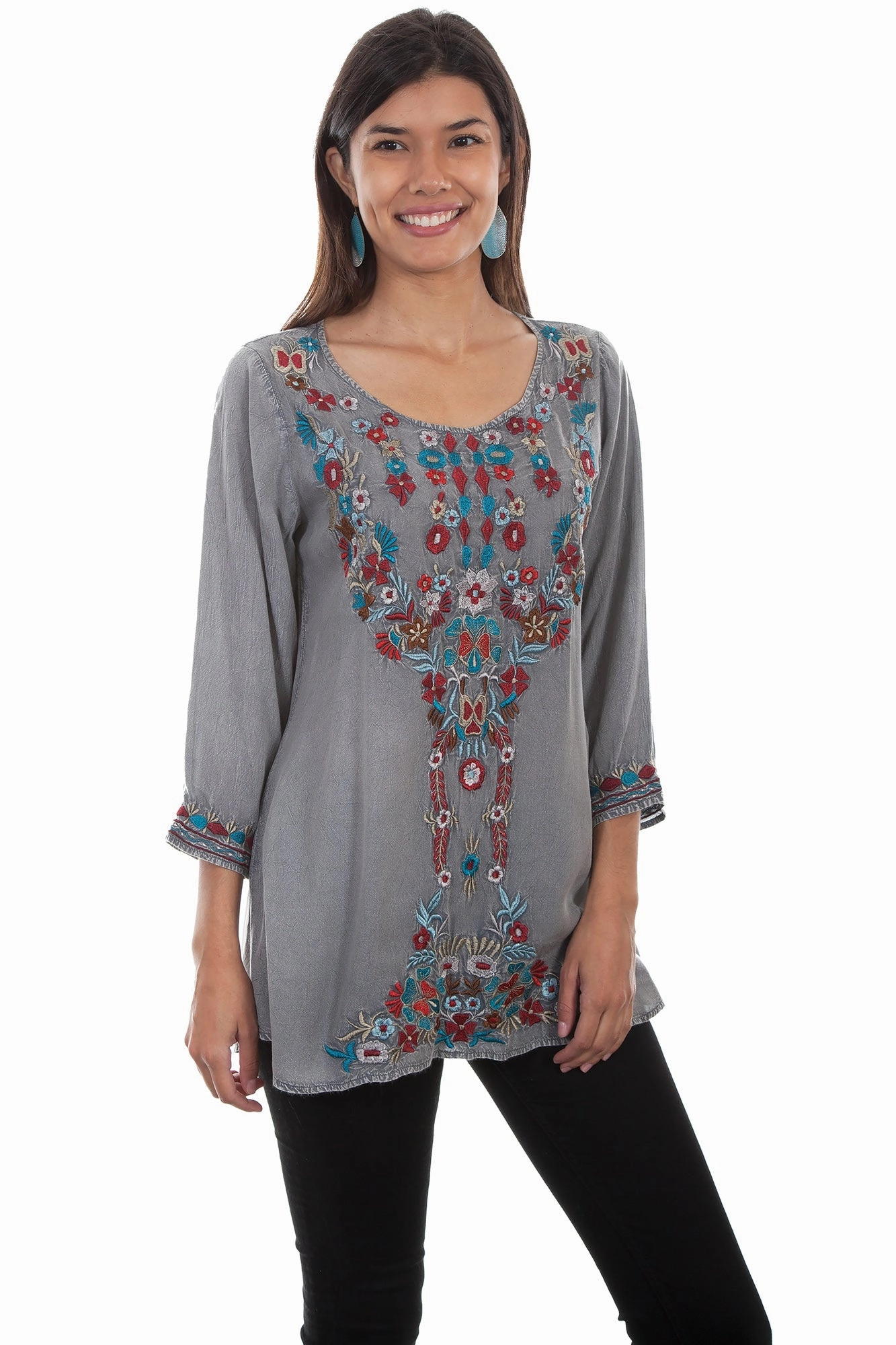 Scully Womens Gray 100% Viscose Bold Floral S/S Blouse Patterned Texture Work Appropriate