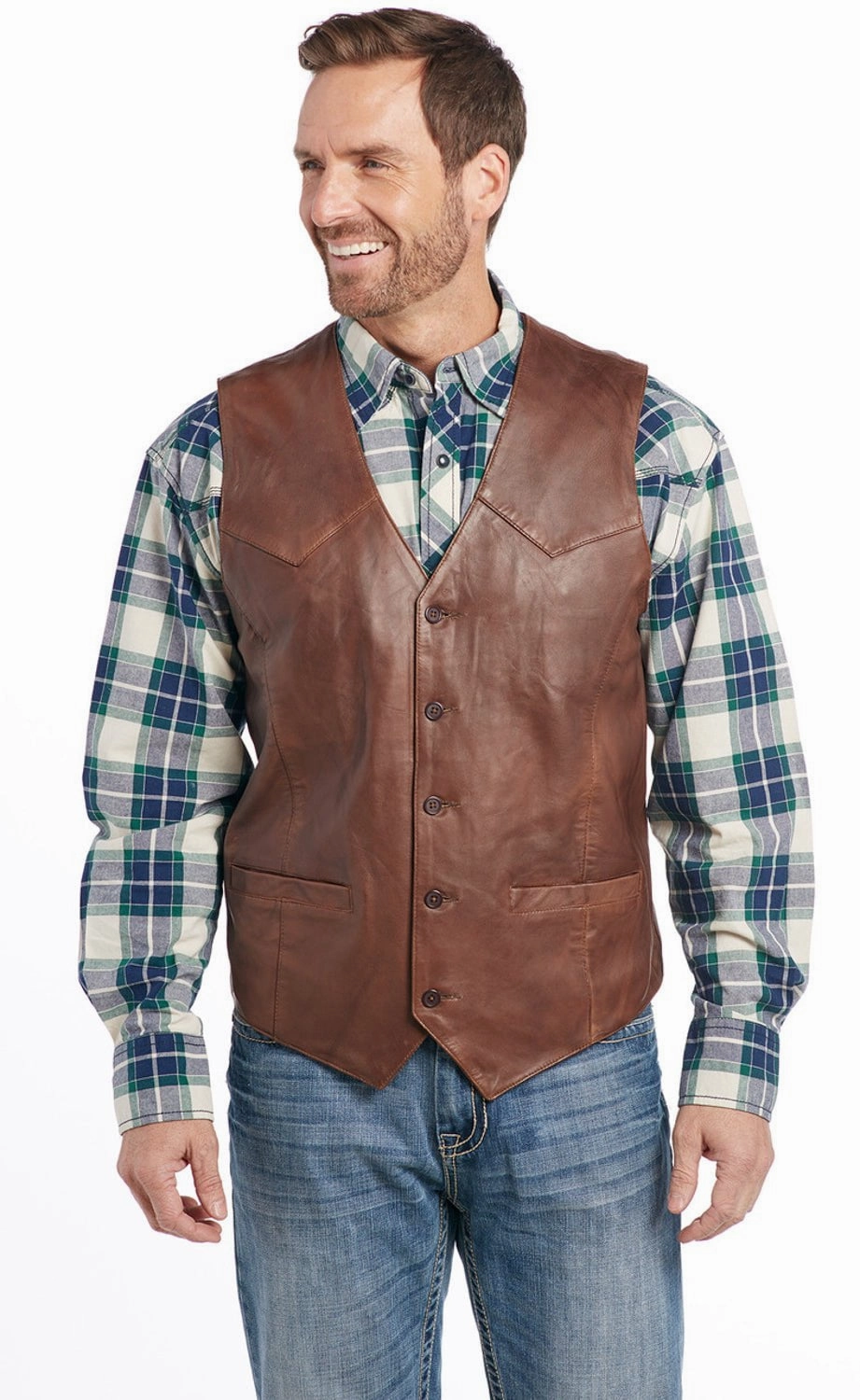 Cripple Creek Mens Button Front Nappa Vintage Brown Lamb Leather Leather Vest Wool blend Elasticated Waistband