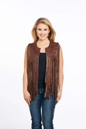 Temperature Regulating Cripple Creek Womens Antique Brown Leather Lamb Fringe Vest