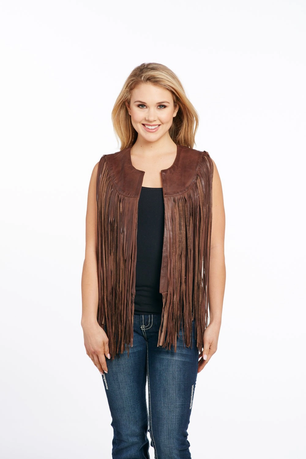 Temperature Regulating Cripple Creek Womens Antique Brown Leather Lamb Fringe Vest