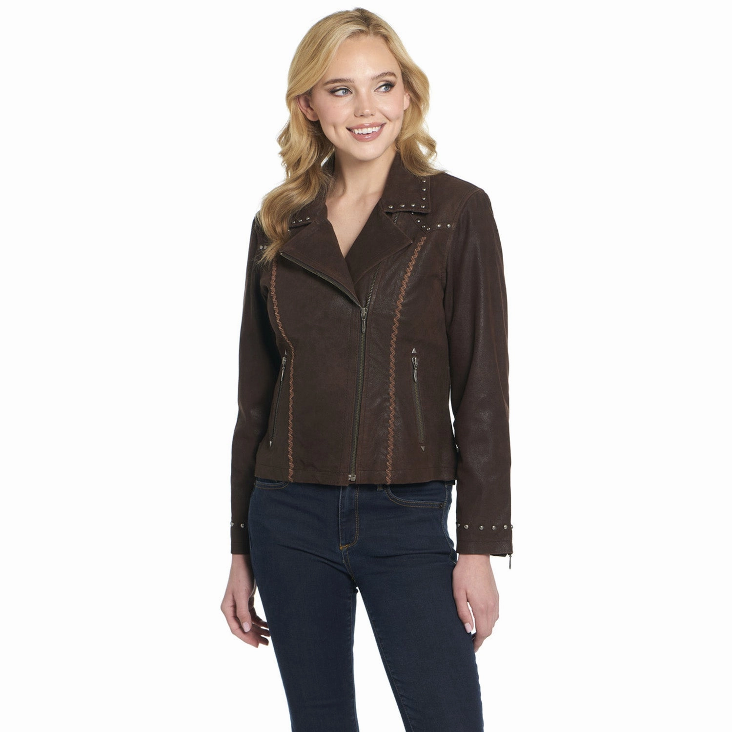 Cripple Creek Womens Asymmetric Stud Panel Mocaccino Leather Leather Jacket Urban Outdoor Look Compression Layer