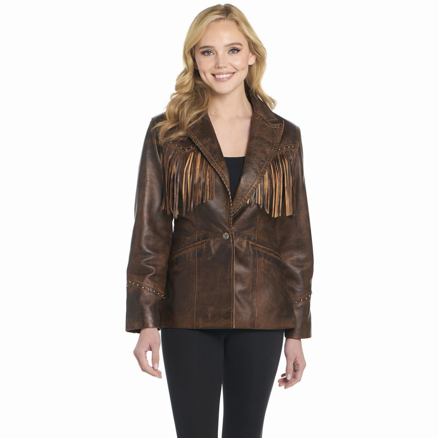 Glove Friendly Cuff Design Cripple Creek Womens Front Fringe Blazer Alpine Oak Leather Leather Jacket