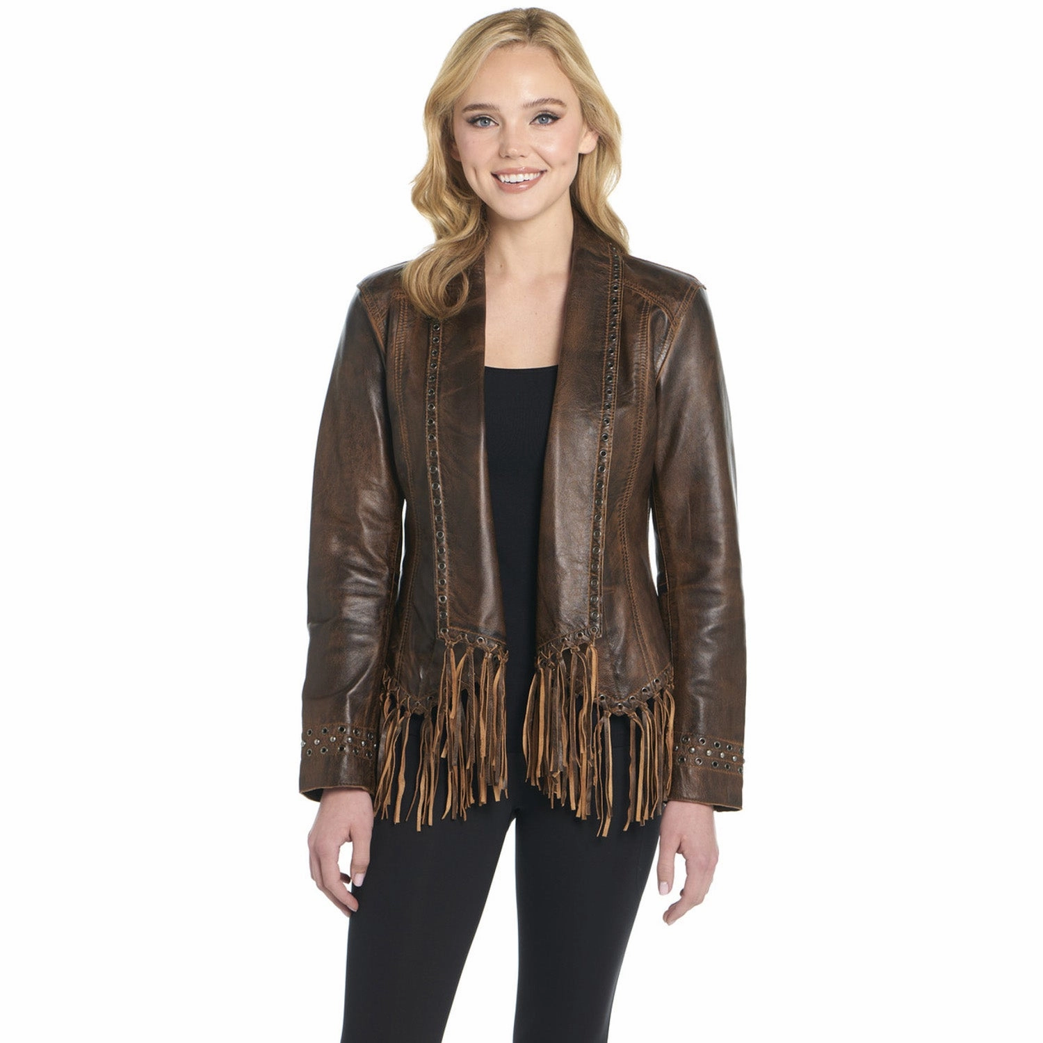 Non Irritating Tags Cripple Creek Womens Grommet Trimmed Alpine Oak Leather Leather Jacket