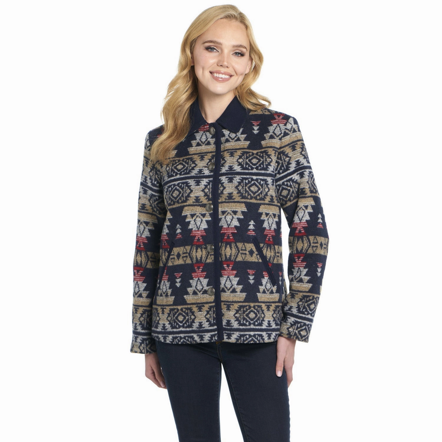 Multi Layer Option Cripple Creek Womens Navajo Blanket Contrast Admiral Blue 100% Polyester Coat