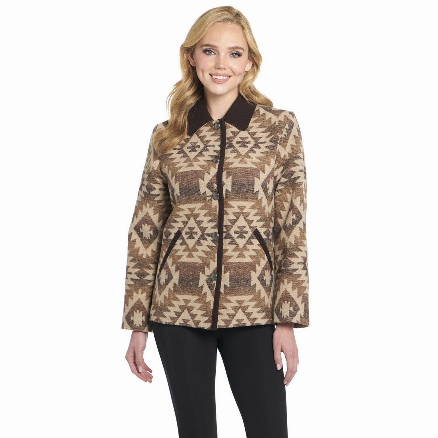 Cripple Creek Womens Navajo Blanket Contrast Arizona Clay 100% Polyester Coat Windproof Cuffs Comfy Essentials