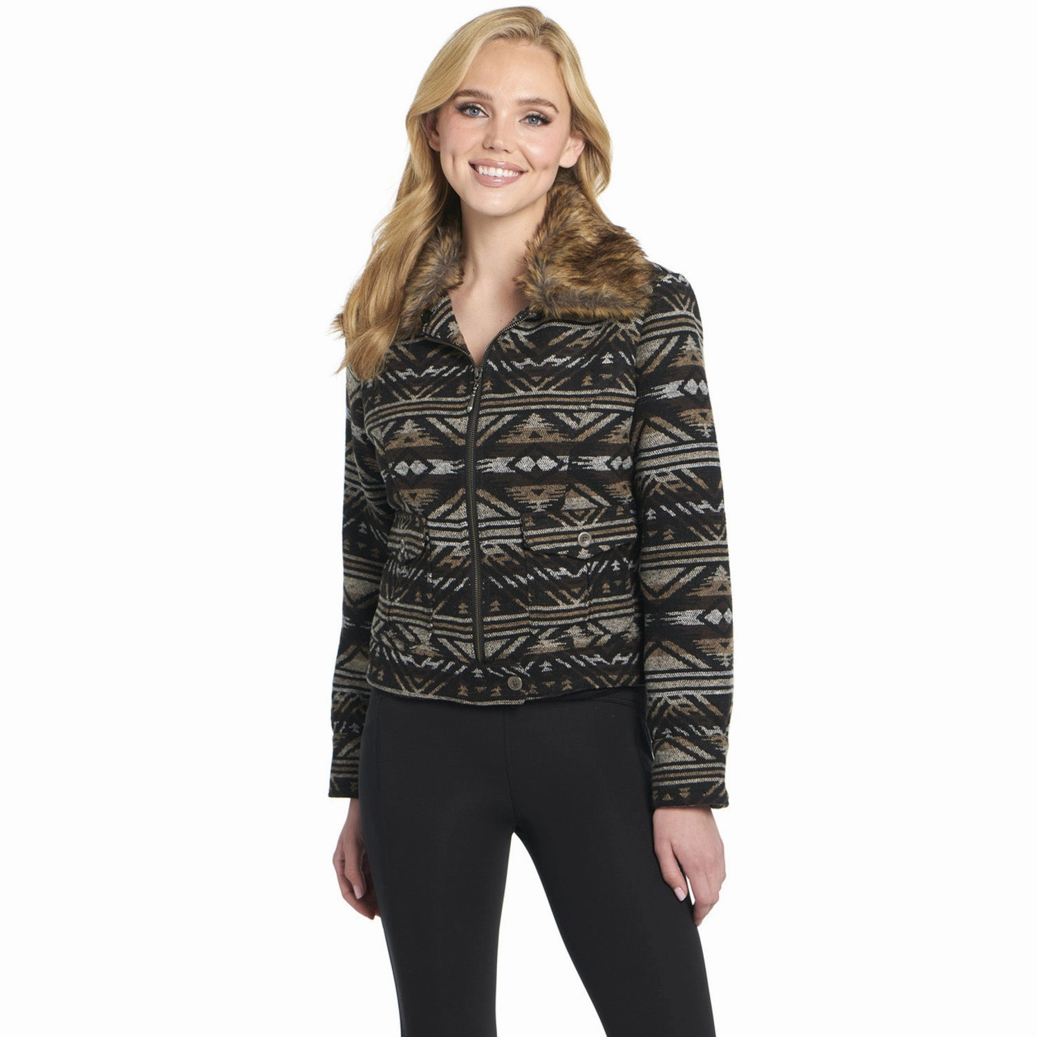 Soft Fleece Seam Sealed Cripple Creek Womens Navajo Blanket Zip Front Americano Brown Polyester Jacket