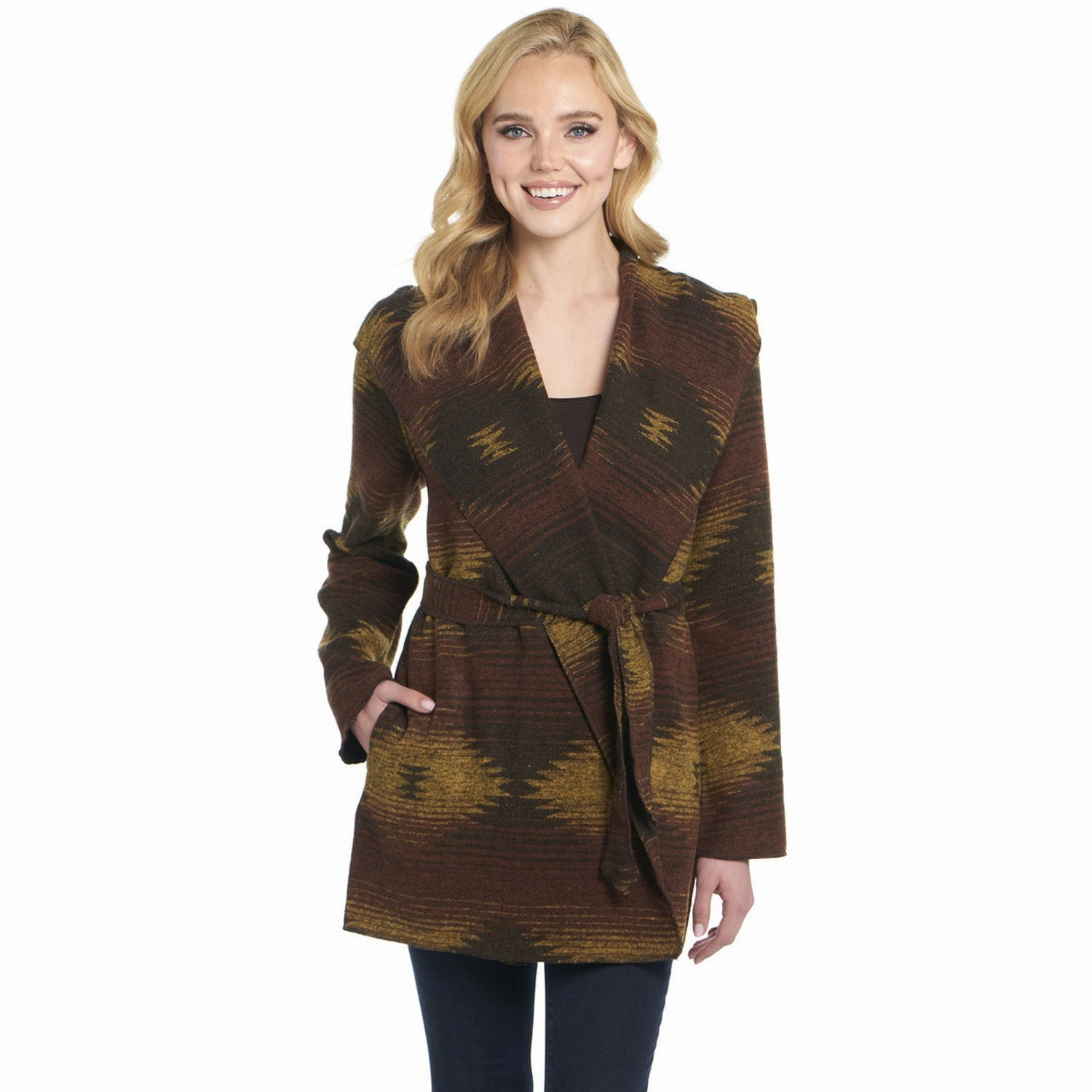 Frictionless Lining Cripple Creek Womens Navajo Tie Front Blanket Hood Golden Brown Polyester Jacket