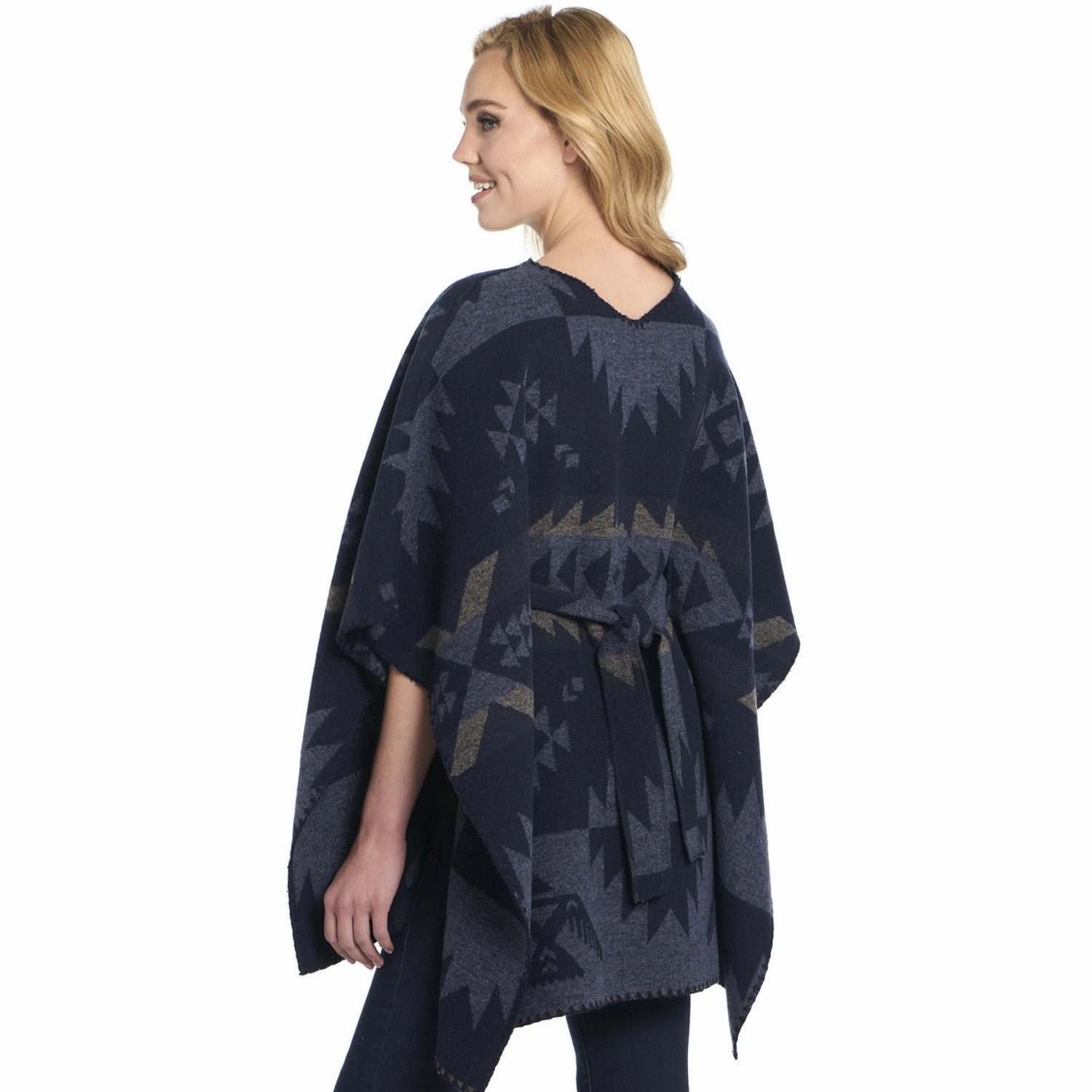 Chilly Day Outfit Essential Knit Cripple Creek Womens Tie Back Navajo Blanket Blue Herron 100% Polyester Poncho