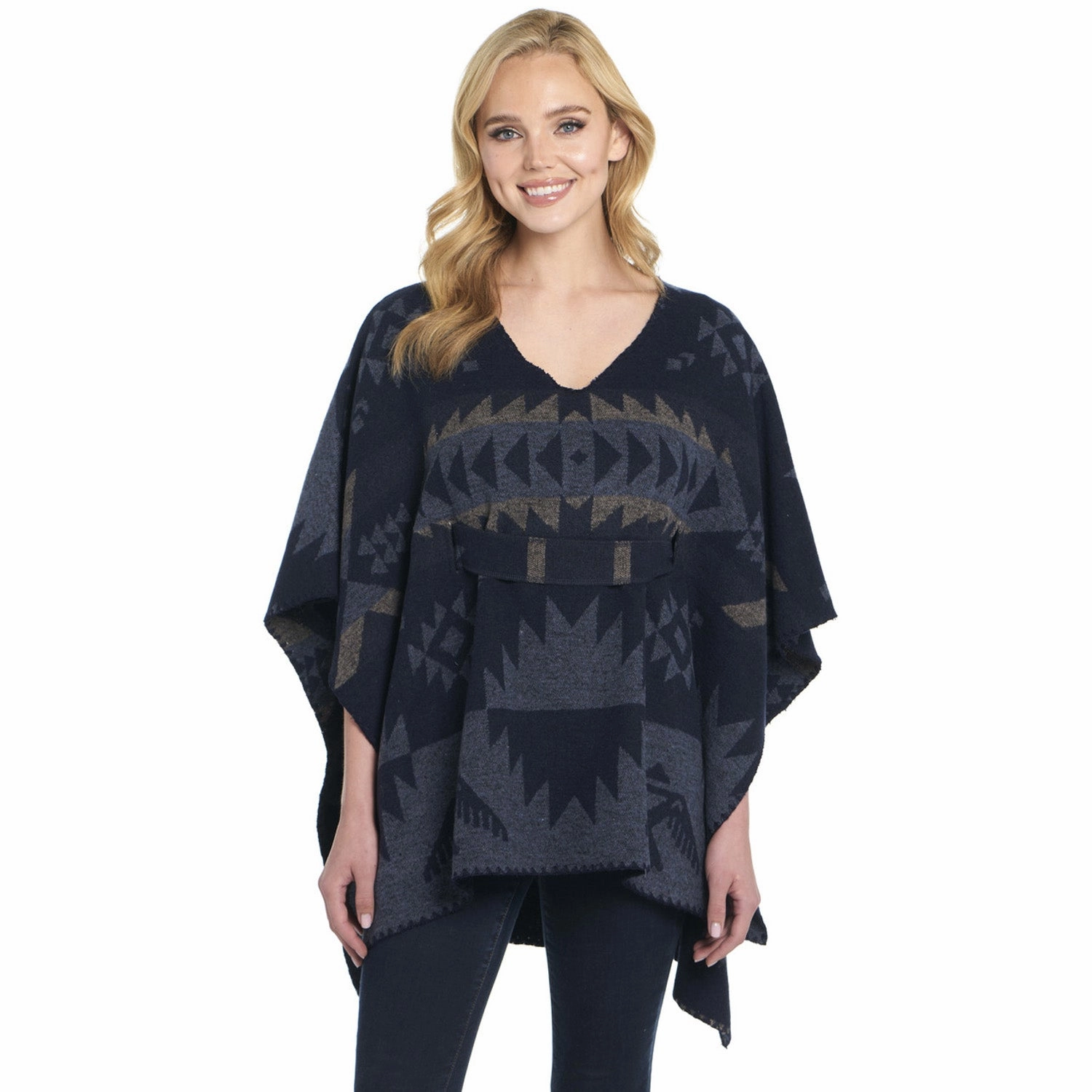 Cripple Creek Womens Tie Back Navajo Blanket Blue Herron 100% Polyester Poncho Weather Friendly