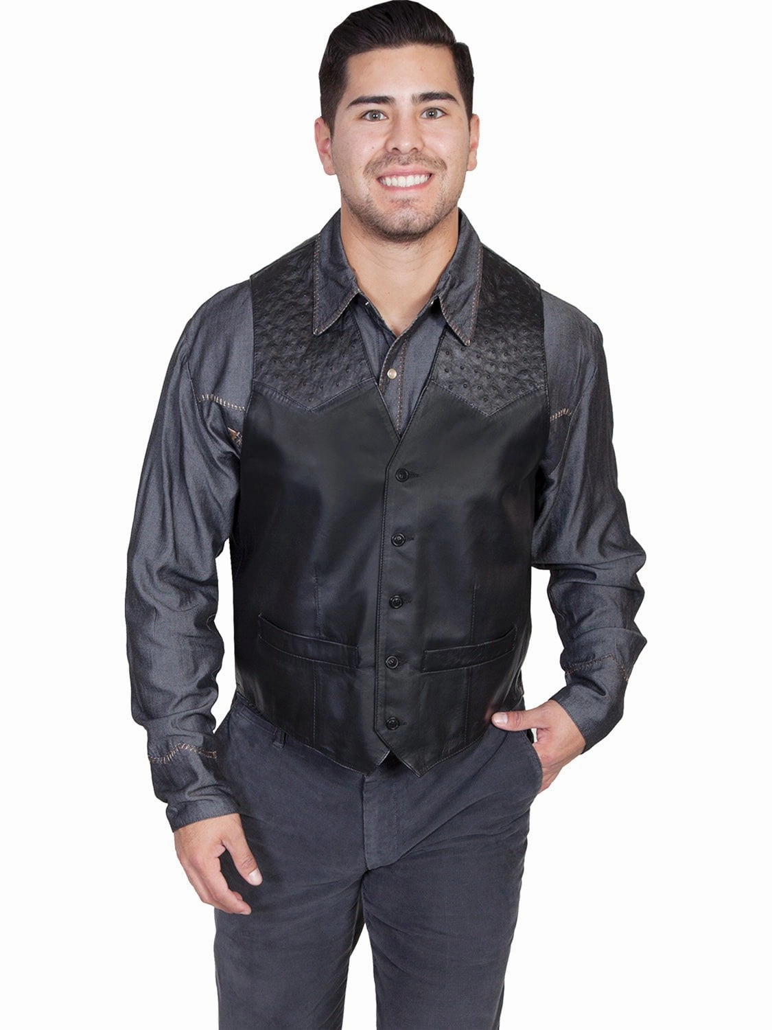 Elastic Binding Scully Mens Black Lamb/Ostrich Western Vest