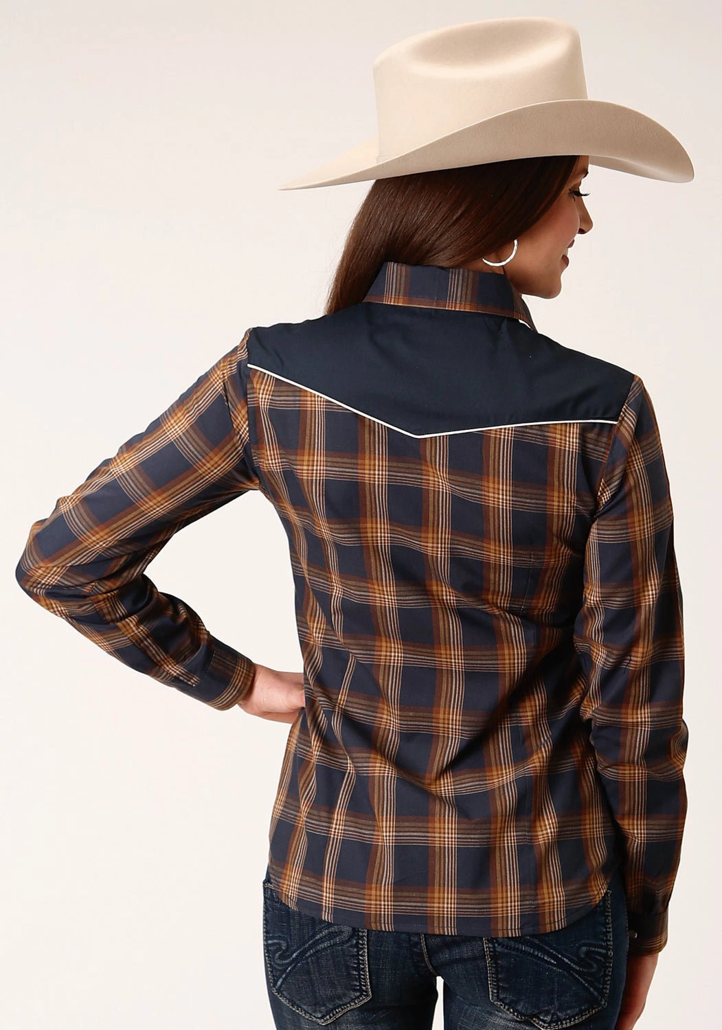 Roper Womens 822 Plaid Navy/Brown Cotton Blend L/S Shirt Runway Inspired Holiday Travel