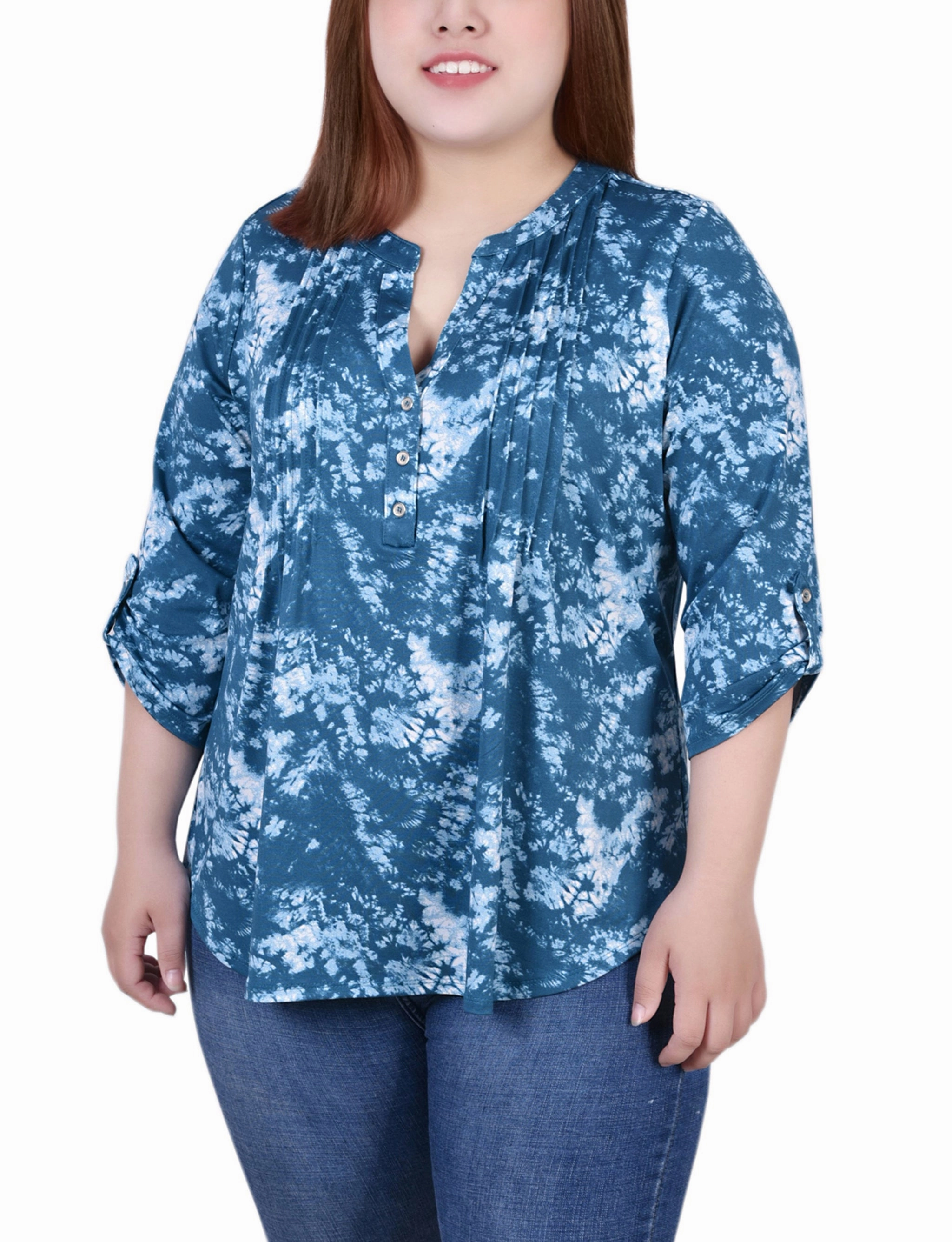 AthleisureReady Plus Size Knit Jacquard 3/4 Sleeve Roll Tab Top