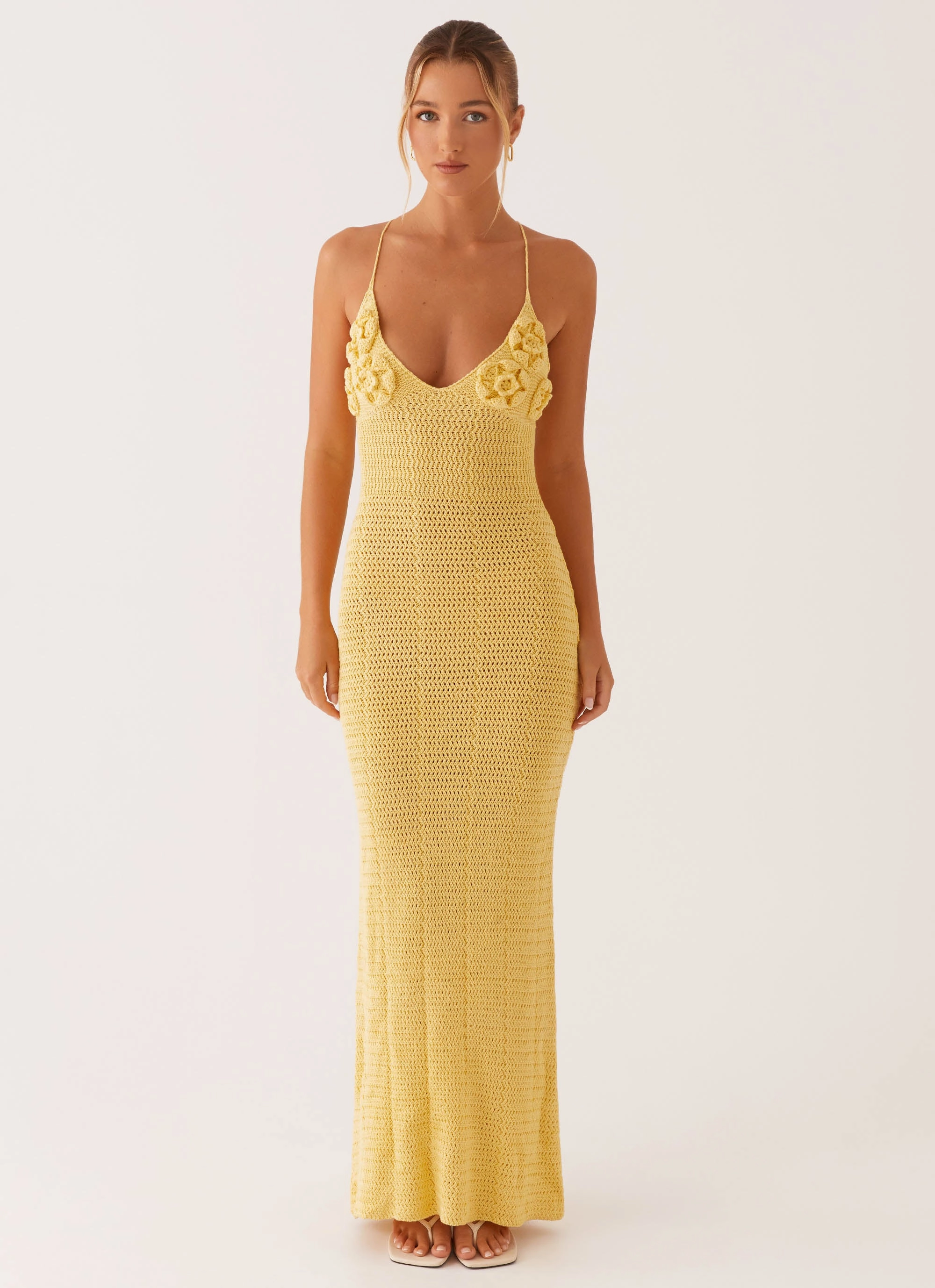 Straight-Cut Art Spirit Zara Rose Crochet Maxi Dress - Yellow