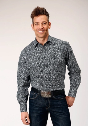 Roper Mens Floral Print Black/White Cotton Blend L/S Shirt Beach Ready Bold colors