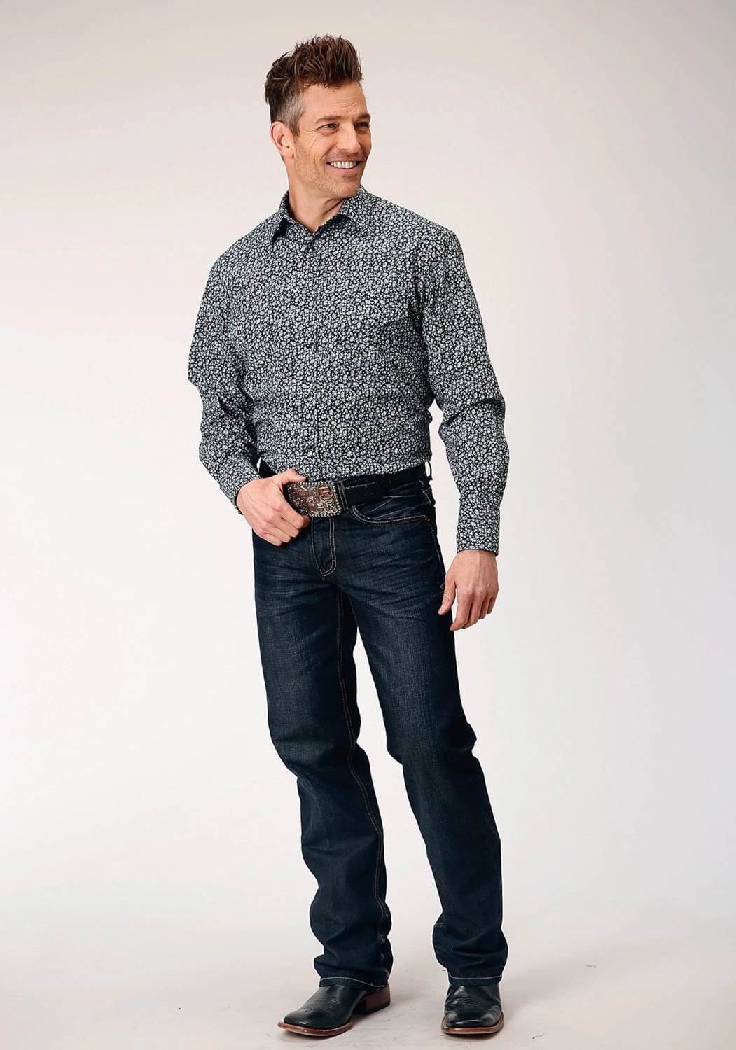 hypoallergenic material Roper Mens Floral Print Black/White Cotton Blend L/S Shirt