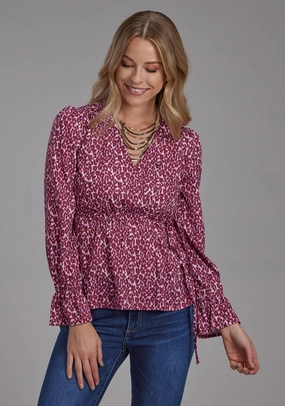 Tailored Cuffs Non Iron Fabric Roper Womens 2134 Leopard Red Multi 100% Polyester V-Neck L/S Blouse