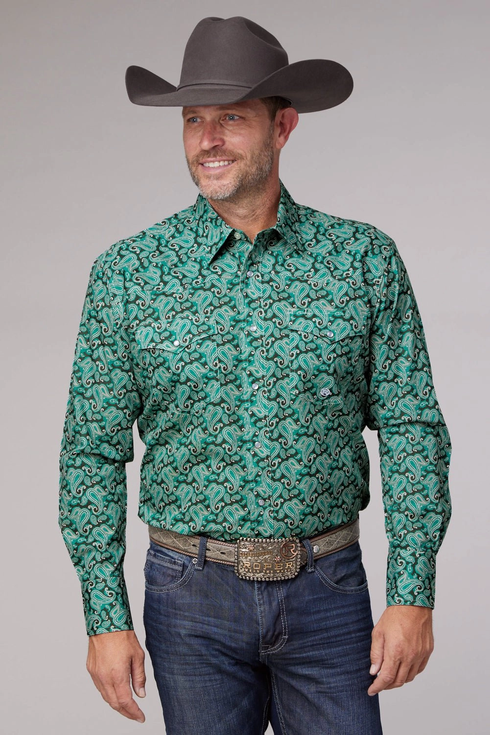 Midweight Textile Social Meetup Roper Mens 2018 Jade Paisley Green 100% Cotton L/S Shirt
