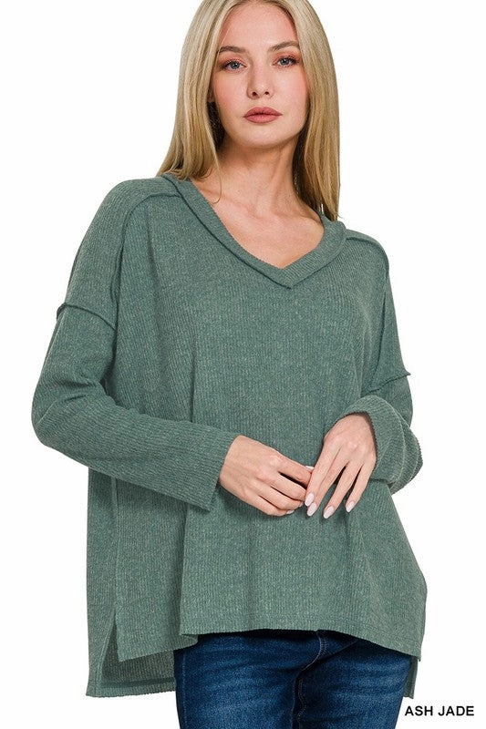 MultiFunctionalPockets Bettie Brushed Ribbed Hacci Drop Shoulder V-neck Sweater S-XL