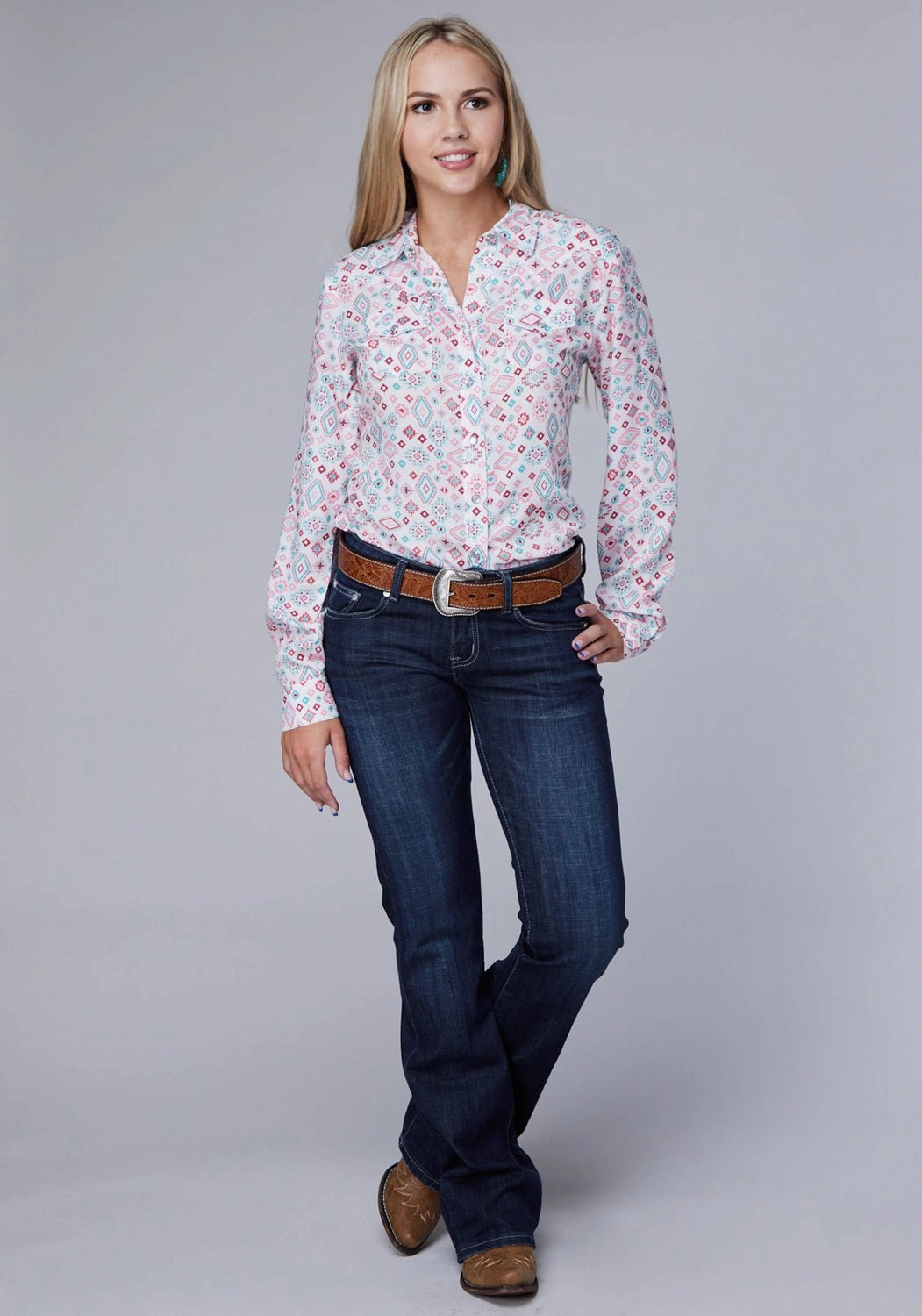 Roper Womens Scattered Aztec Multi-Color 100% Rayon L/S Shirt UV Protection Tailored Style