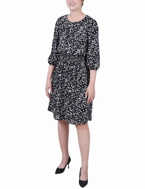 3/4 Sleeve Dobby Smocked Waist Dress Asymmetrical hem