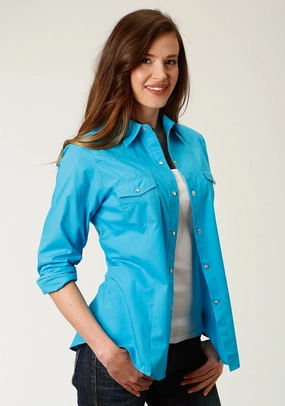 Eco Dye Technique Anti Static Finish Roper Womens 9839 Broadcloth Turquoise Cotton Blend L/S Shirt