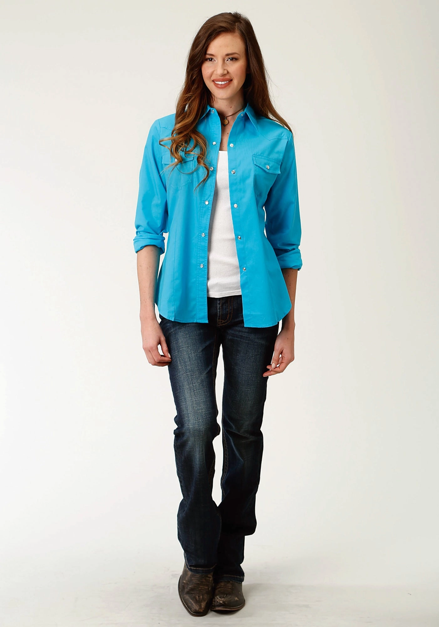 Two Tone Stitching Cultural Inspired Roper Womens 9839 Broadcloth Turquoise Cotton Blend L/S Shirt