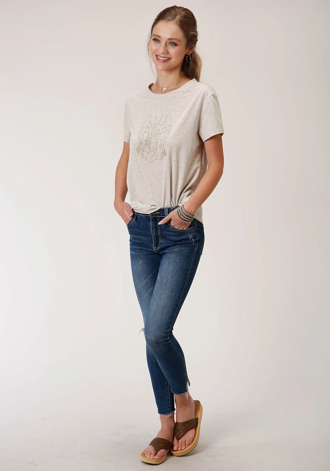 Roper Womens Heather Oatmeal Rayon Horseshoe S/S T-Shirt Linen blend Pure Cotton