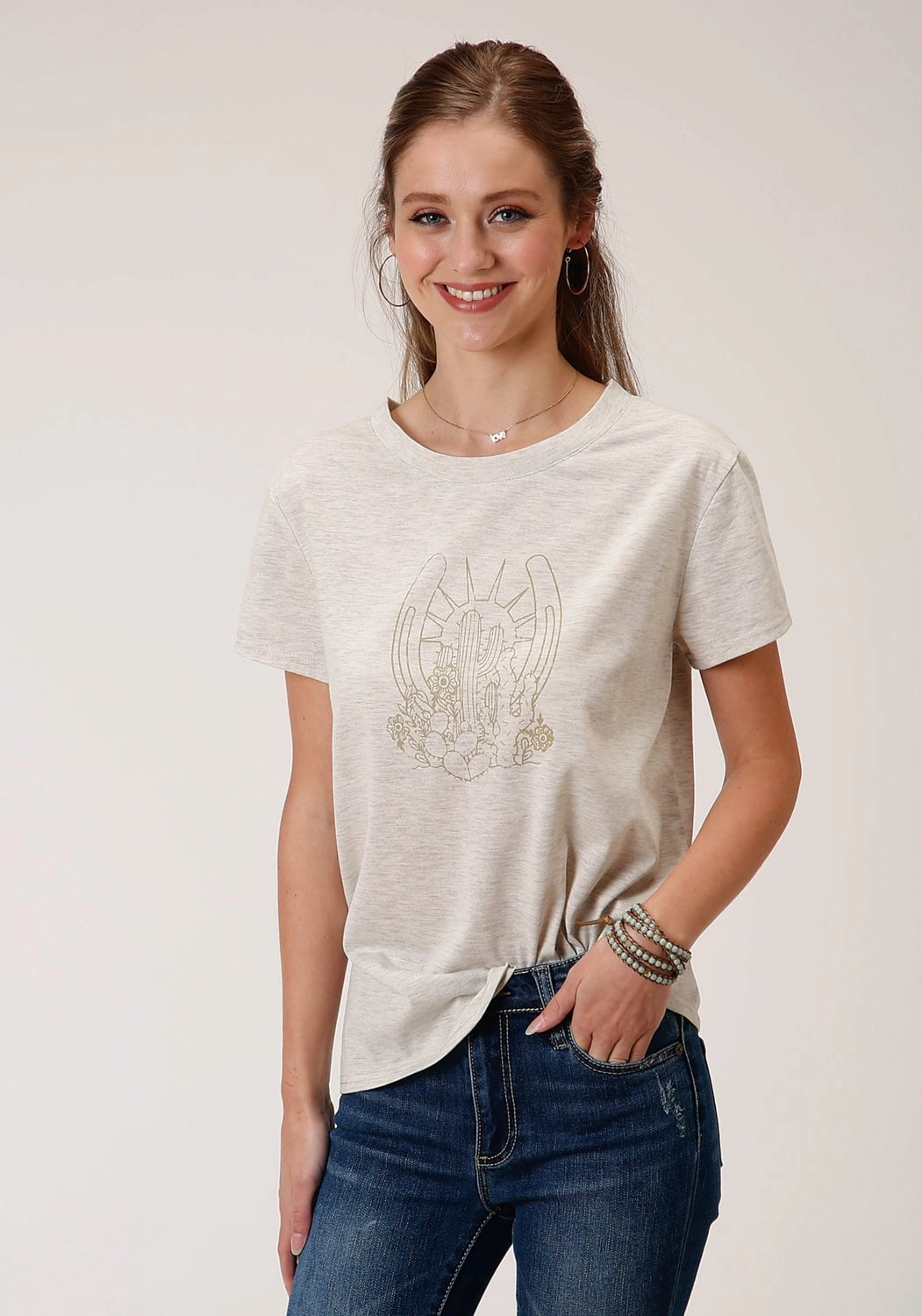 Anti Static Treatment Winter Essentials Roper Womens Heather Oatmeal Rayon Horseshoe S/S T-Shirt