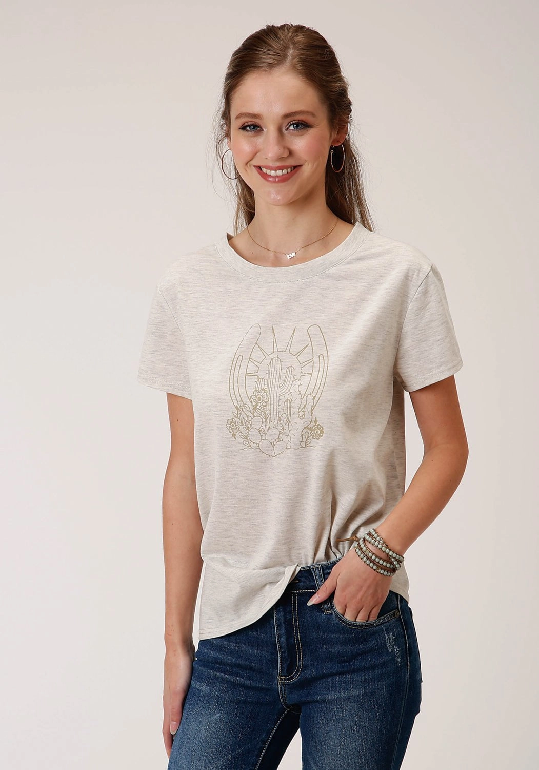 Odorless Binding Tape Roper Womens Heather Oatmeal Rayon Horseshoe S/S T-Shirt