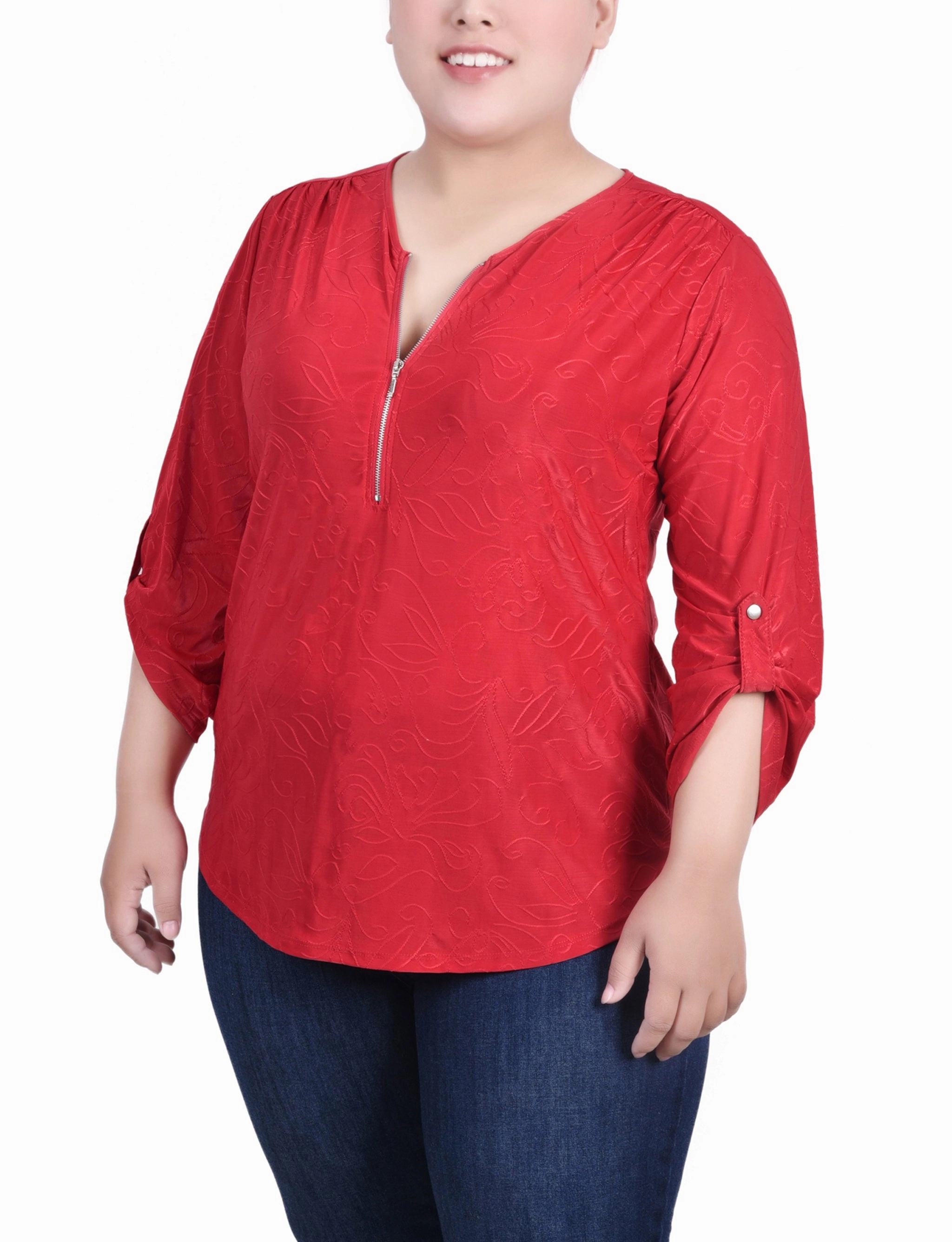 Plus Size 3/4 Roll Tab Zip Front Jacquard Knit Top WaterResistant