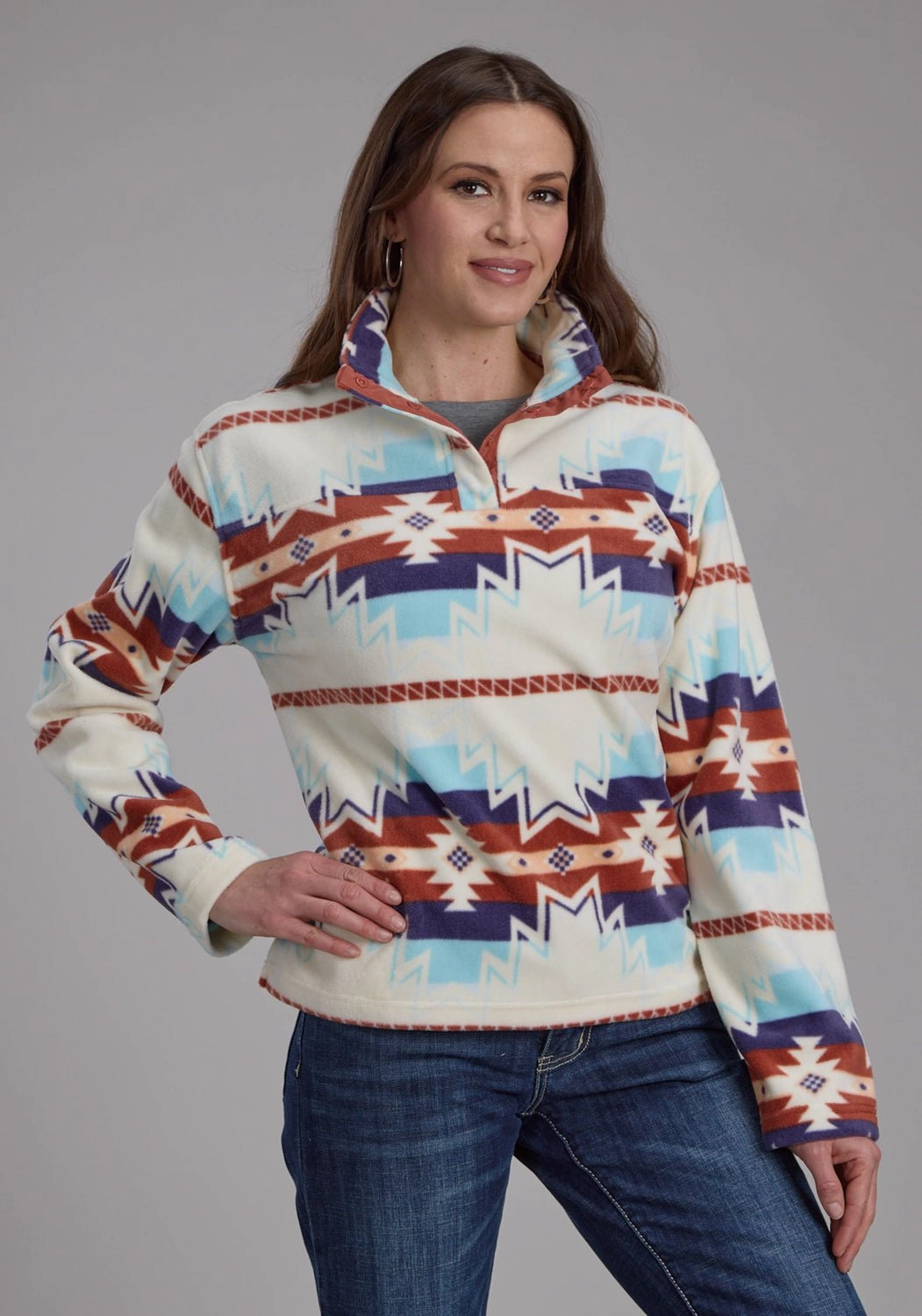 Everyday Layers Roper Womens Large Aztec Print Cream/Blue 100% Polyester Fleece Jacket