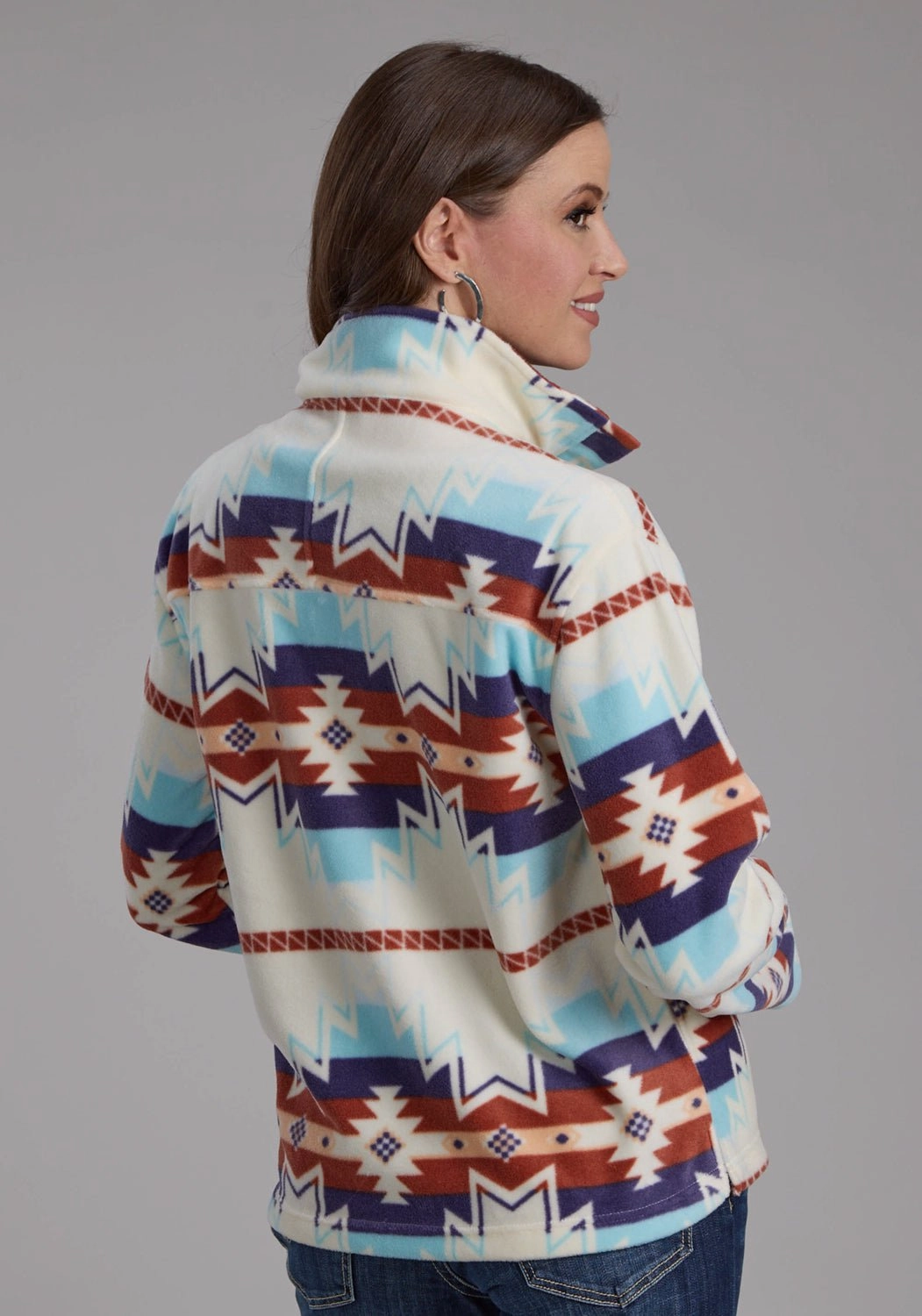 TapedZippers Roper Womens Large Aztec Print Cream/Blue 100% Polyester Fleece Jacket