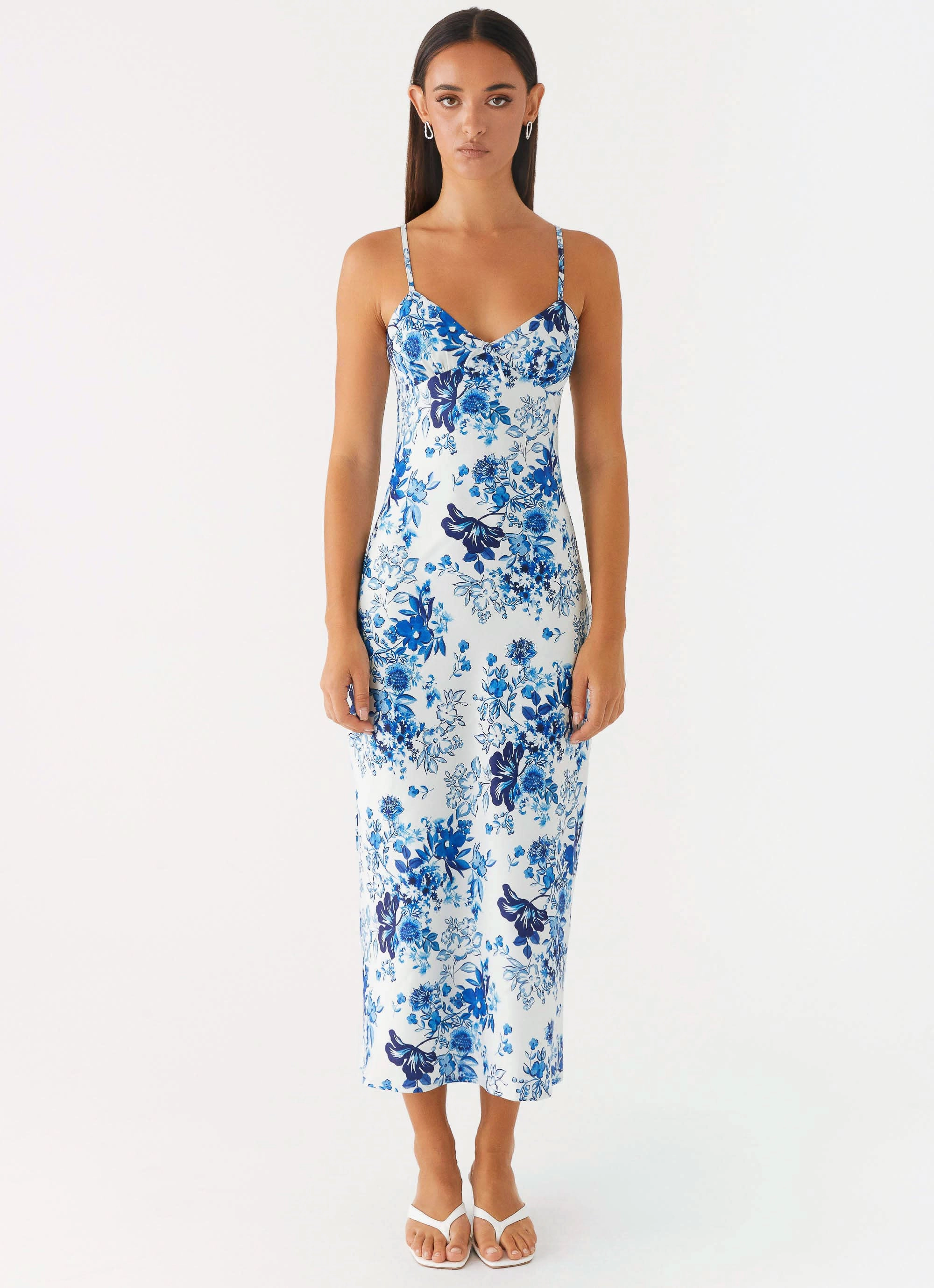 Take Chances Midi Dress - Serene Sky Floral All-Weather Protection Fashion Forward Outerwear