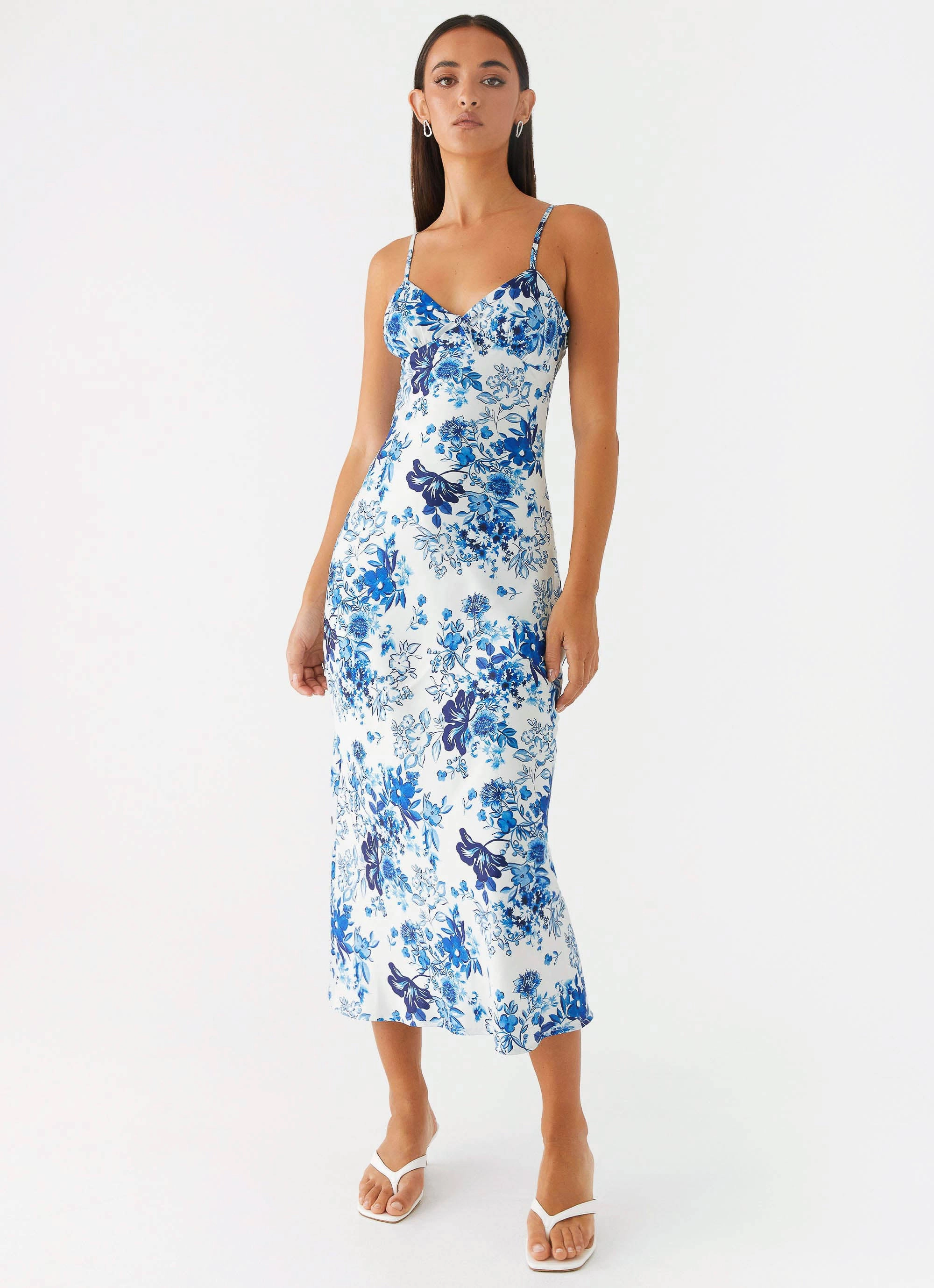 Take Chances Midi Dress - Serene Sky Floral Double Breasted Elegant Styling