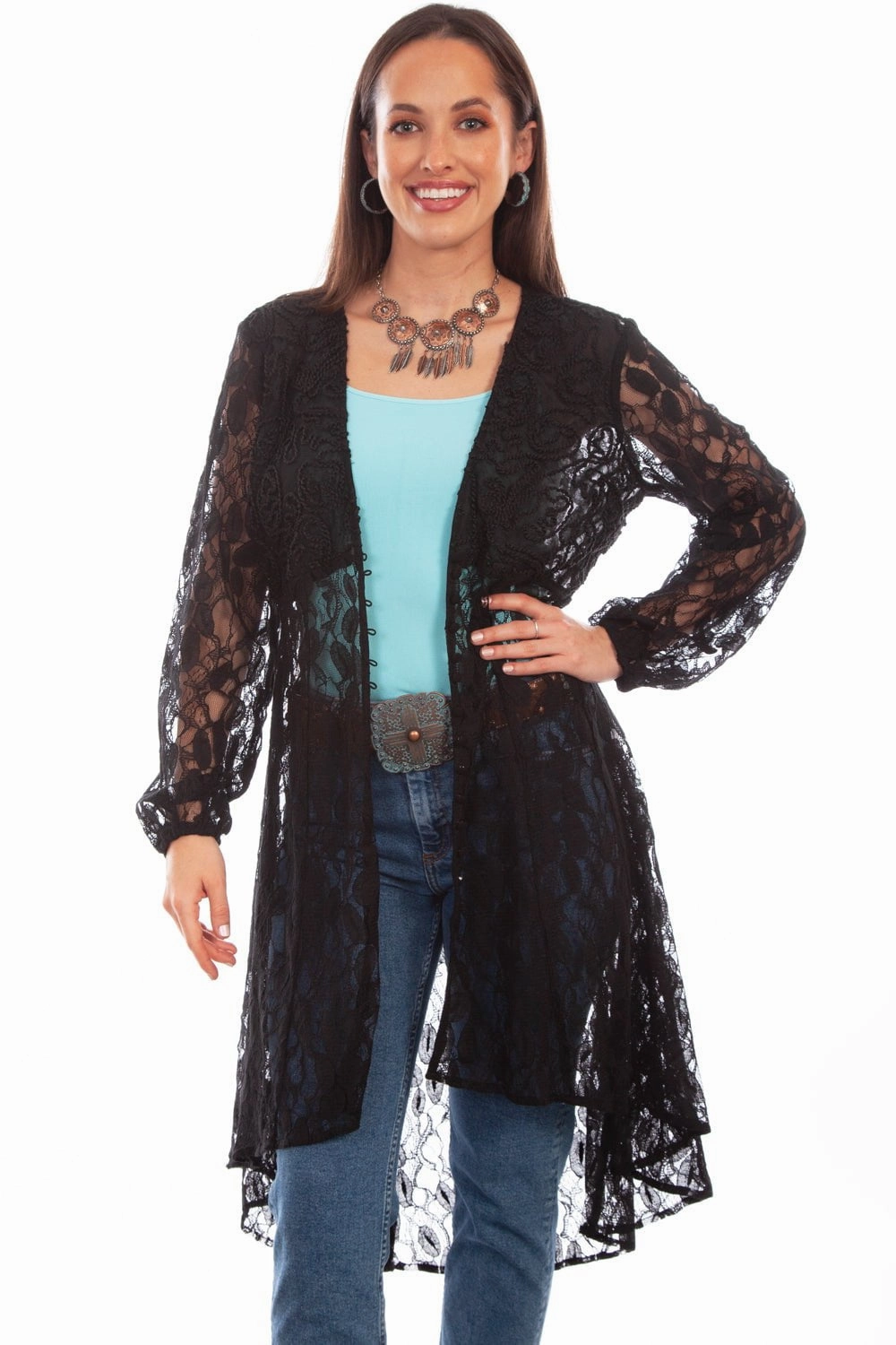 Scully Womens Black 100% Polyester Lace V-Neck Duster Simple Style Vintage Wash Finish