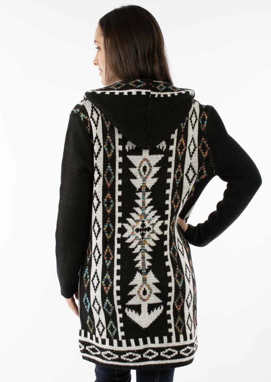 Scully Womens Hooded Asymmetric Black 100% Acrylic Duster Sweater Effortless Travel Wear