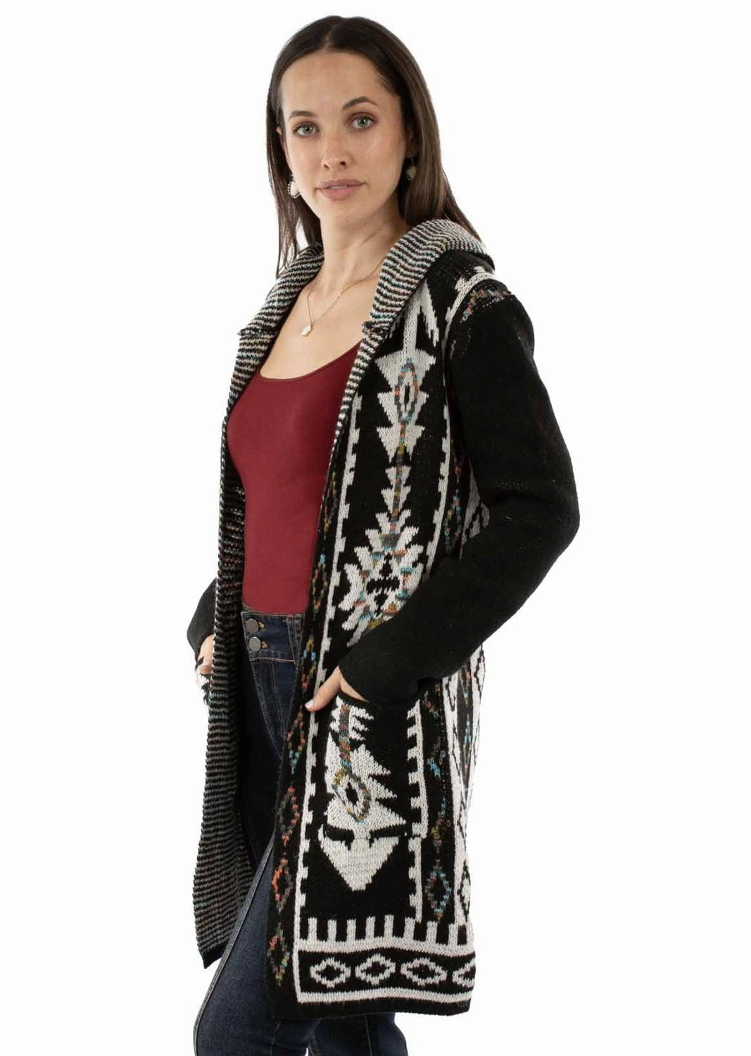 Scully Womens Hooded Asymmetric Black 100% Acrylic Duster Sweater All Season Adaptability Bonded seams