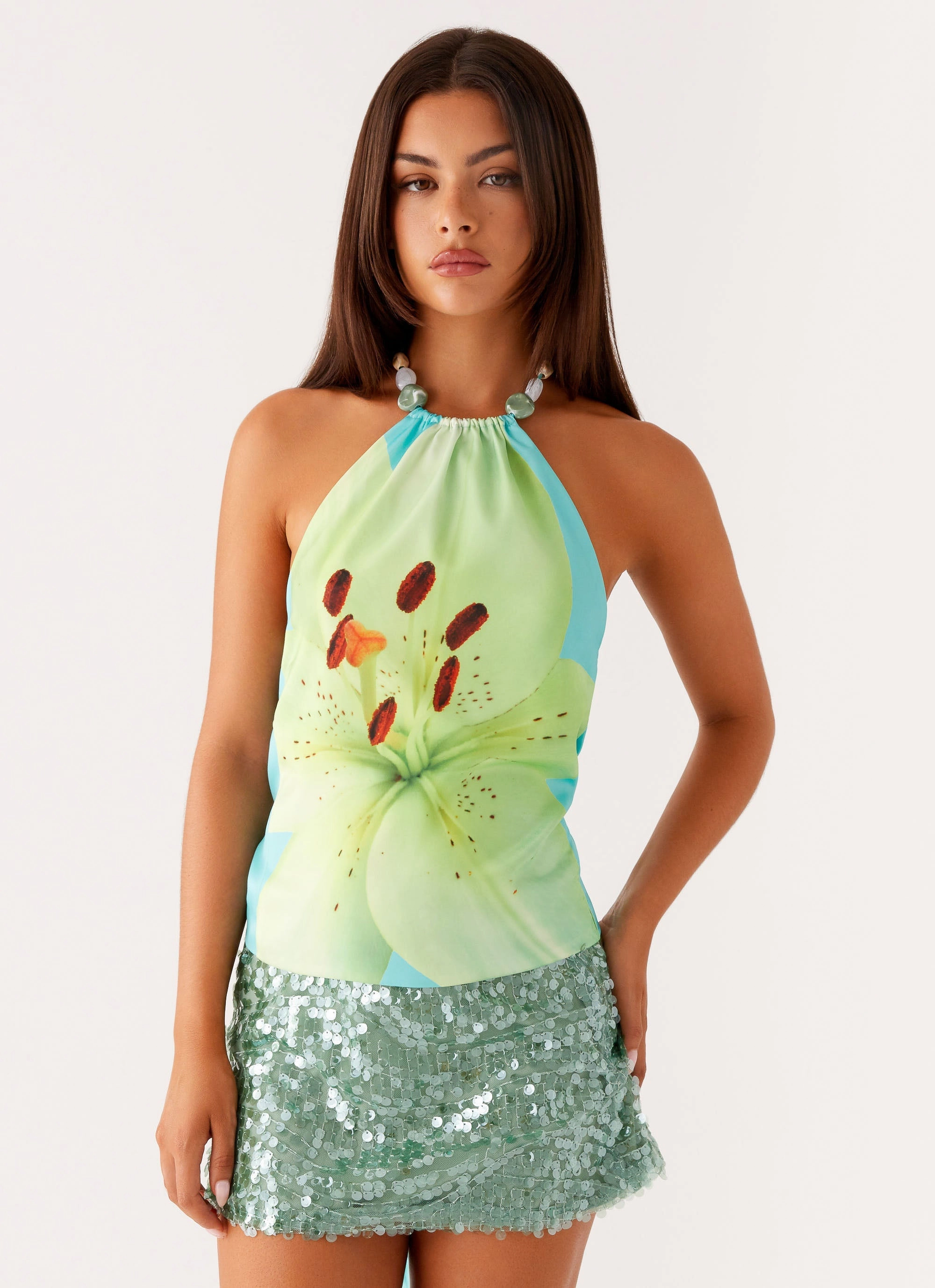 Comfortable Cotton sporty wear Dalila Beaded Tie Back Top - Turquoise Floral