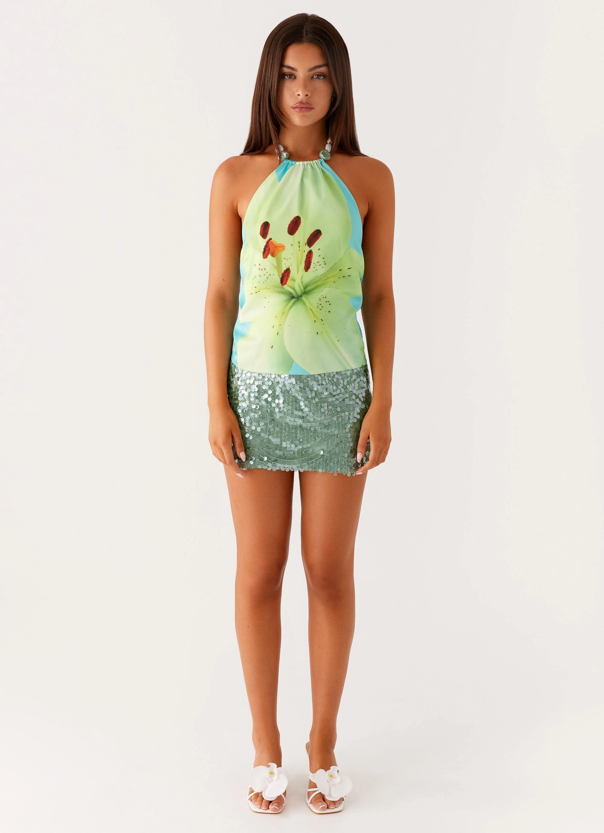 Recycled Polyester Blend Dalila Beaded Tie Back Top - Turquoise Floral