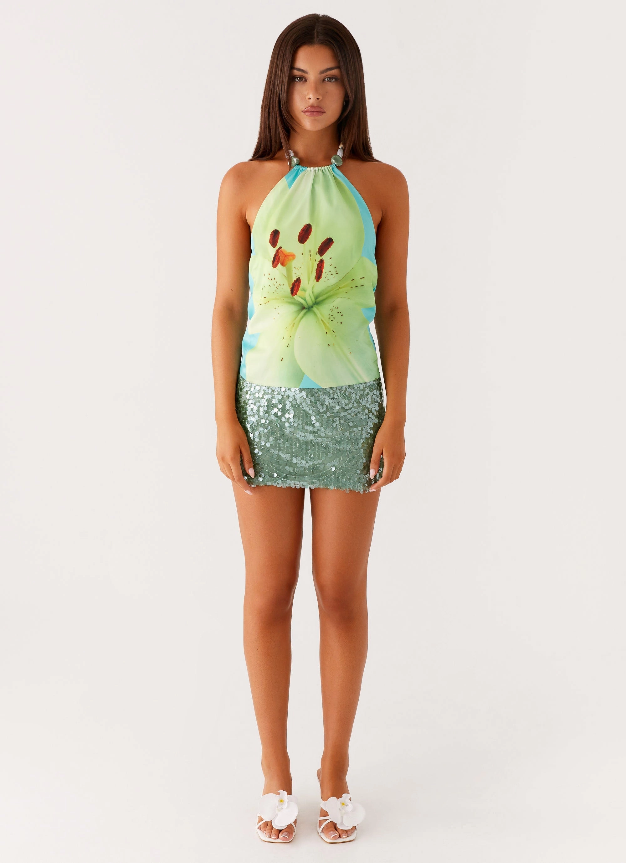 Dalila Beaded Tie Back Top - Turquoise Floral WaterRepellent Finish HiddenVentilationPockets