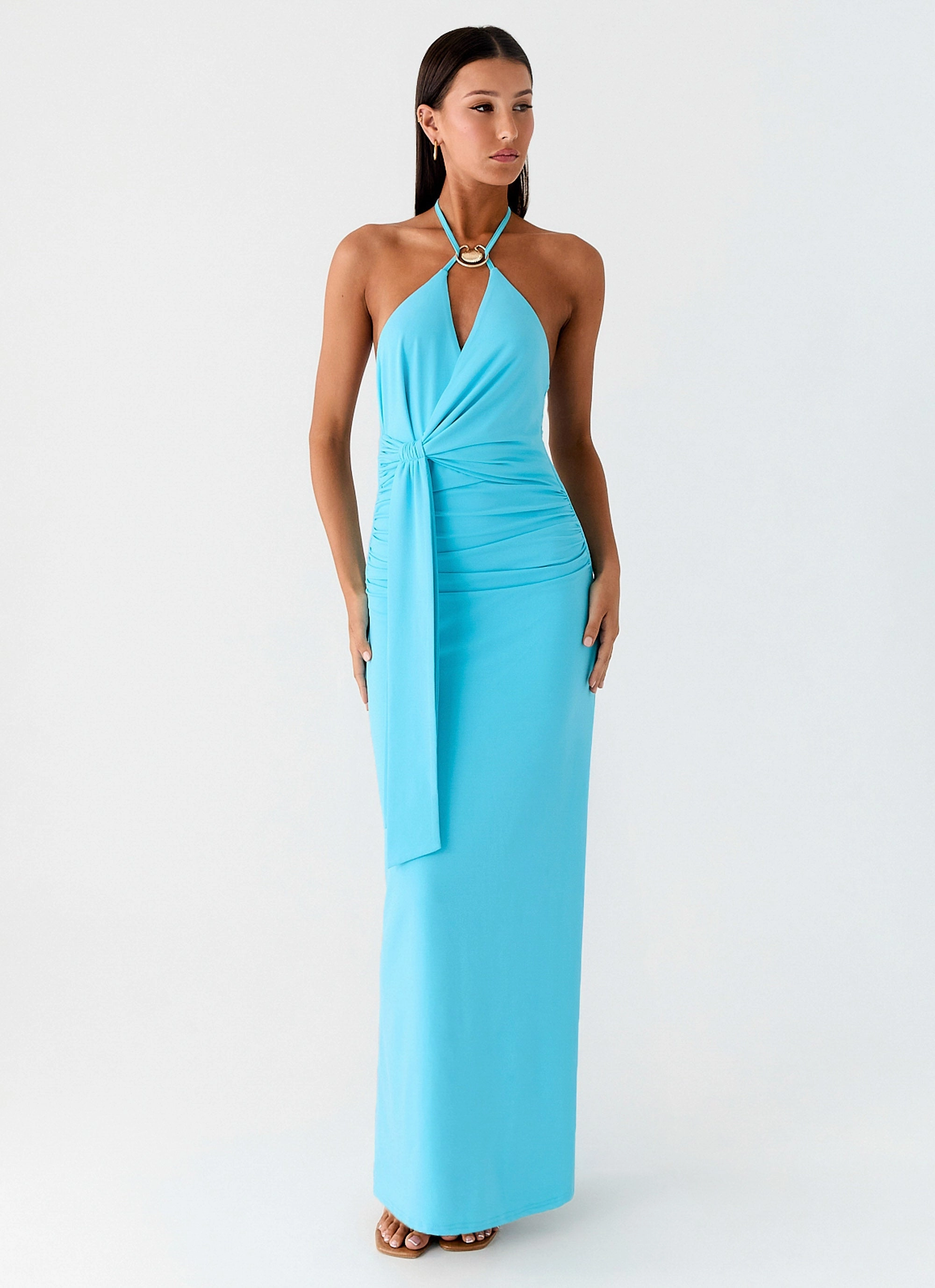Dare Me Halter Maxi Dress - Aqua Blue Light Wool Coat Sleek Wool Jacket