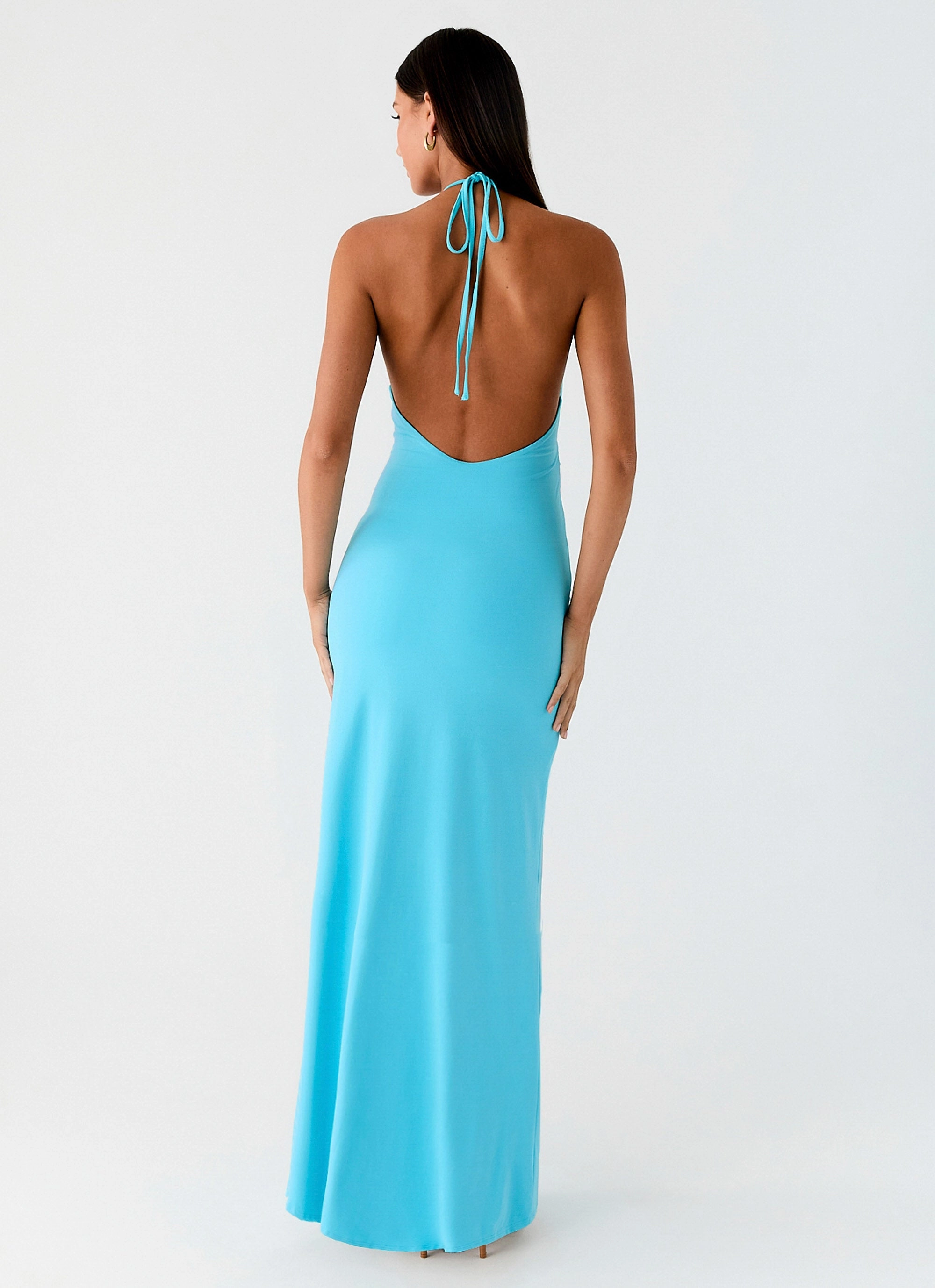 Double Breasted Dare Me Halter Maxi Dress - Aqua Blue