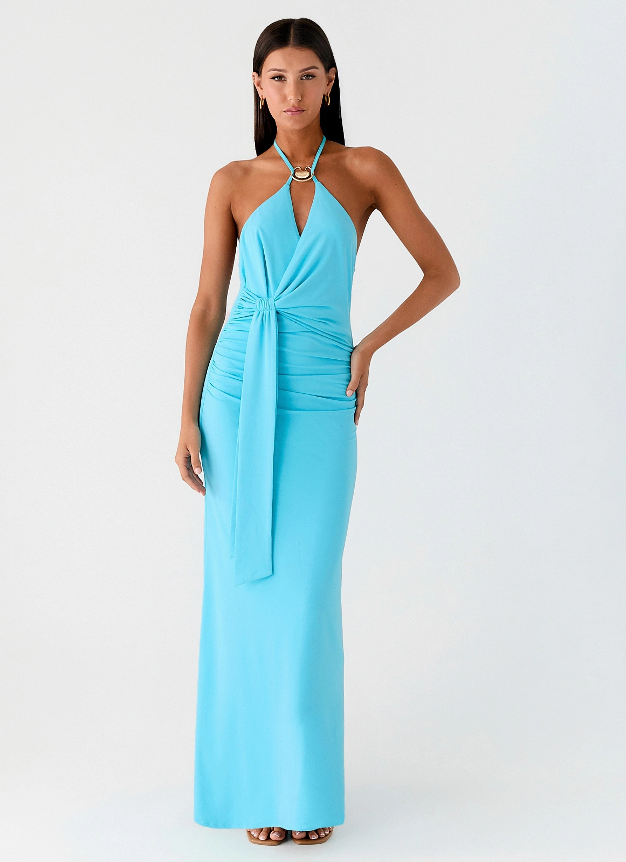 Dare Me Halter Maxi Dress - Aqua Blue Monochrome Look