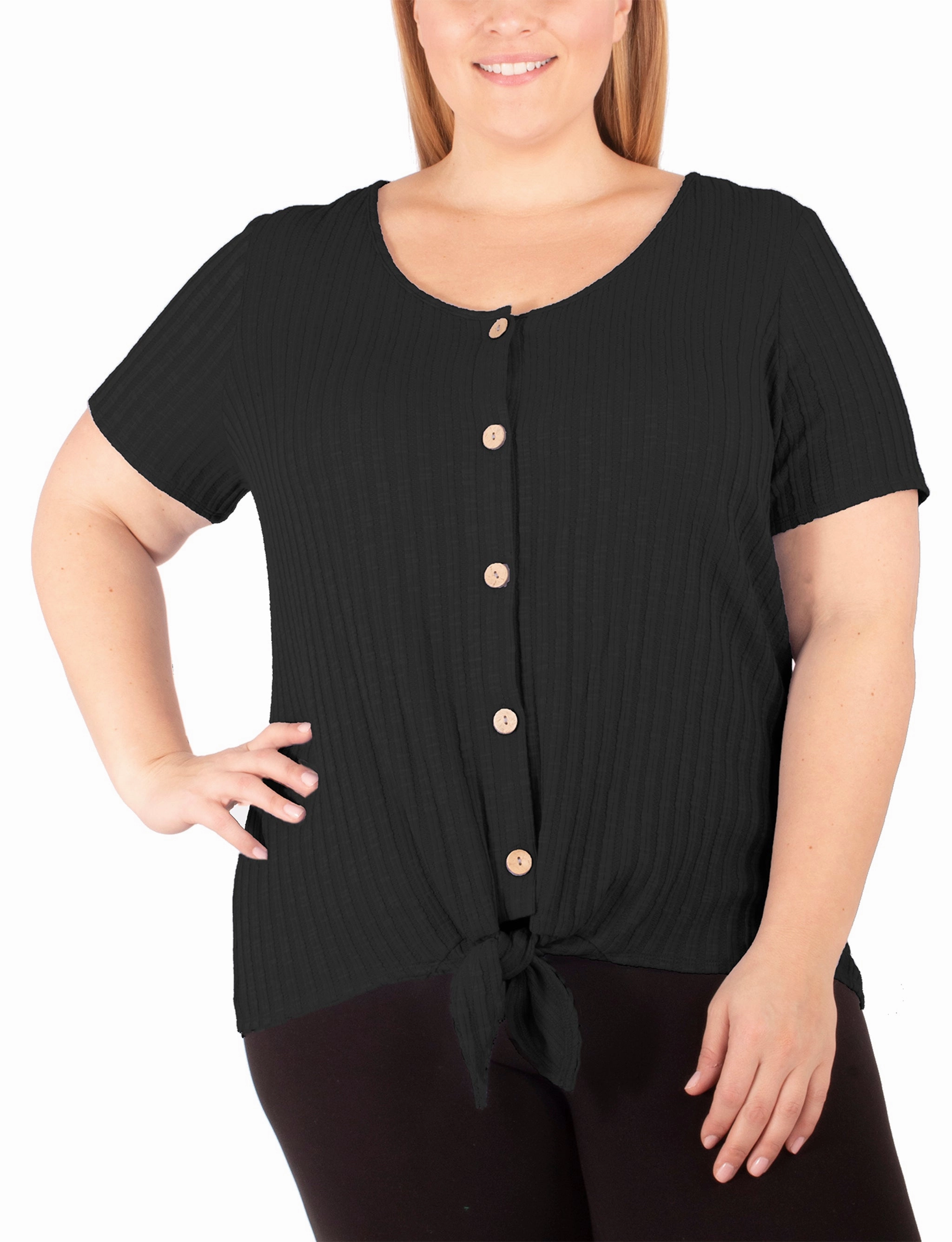 Hypoallergenic Fiber BioBased Fiber Plus Size Short Sleeve Button Front Top With Tie At Hem