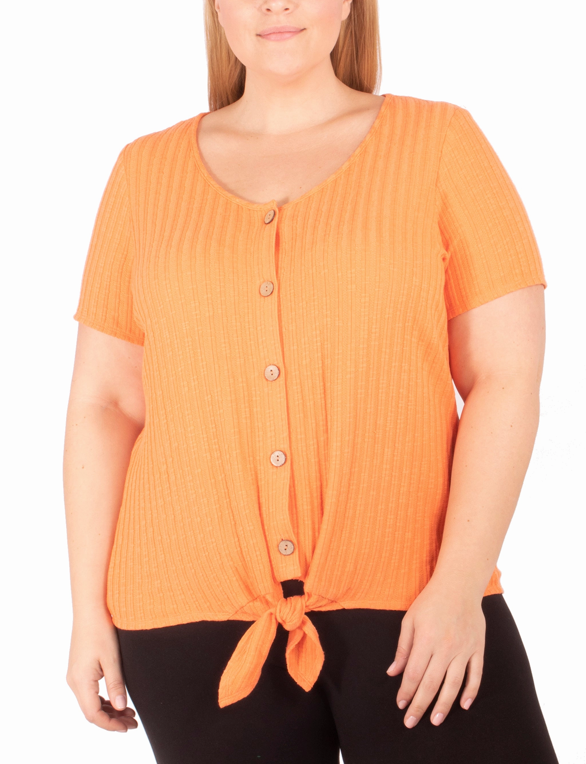 Plus Size Short Sleeve Button Front Top With Tie At Hem Airy Layer Smart Fabric