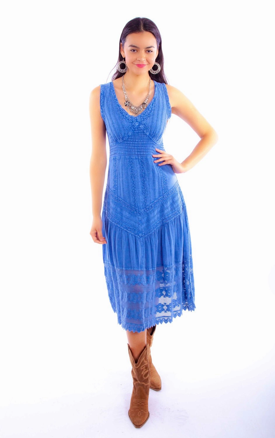 Ultra Soft Yarn Scully Womens Soutache Cantina Light Blue 100% Cotton S/L Dress XS