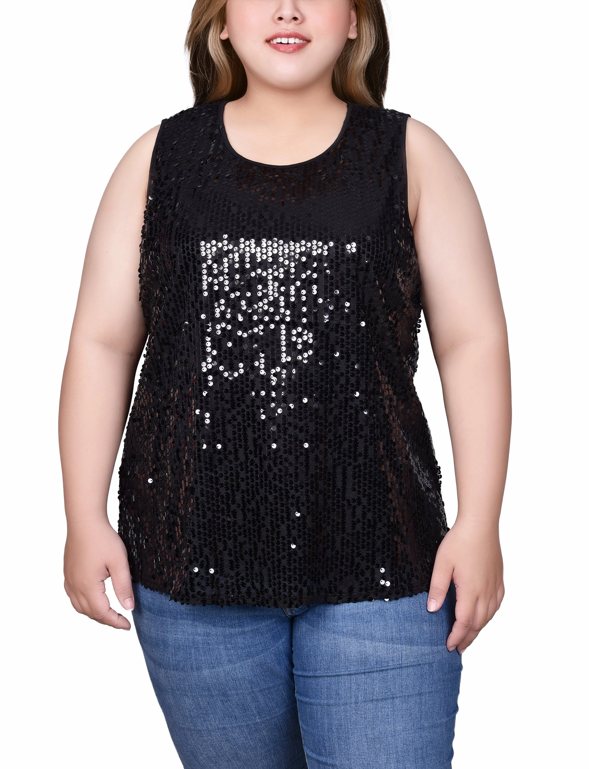 Plus Size Sleeveless Sequined Tank Top With Combo Banding Vintage Hoodie